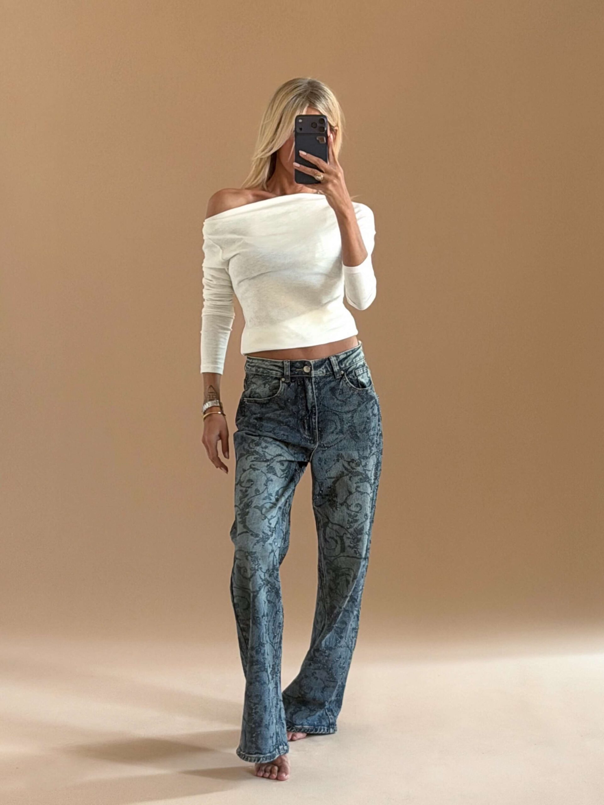 1E4F32AD-B9AF-4FC9-A5DE-604682825B50 Rhinestone Pattern Straight Leg Jeans - Image 1