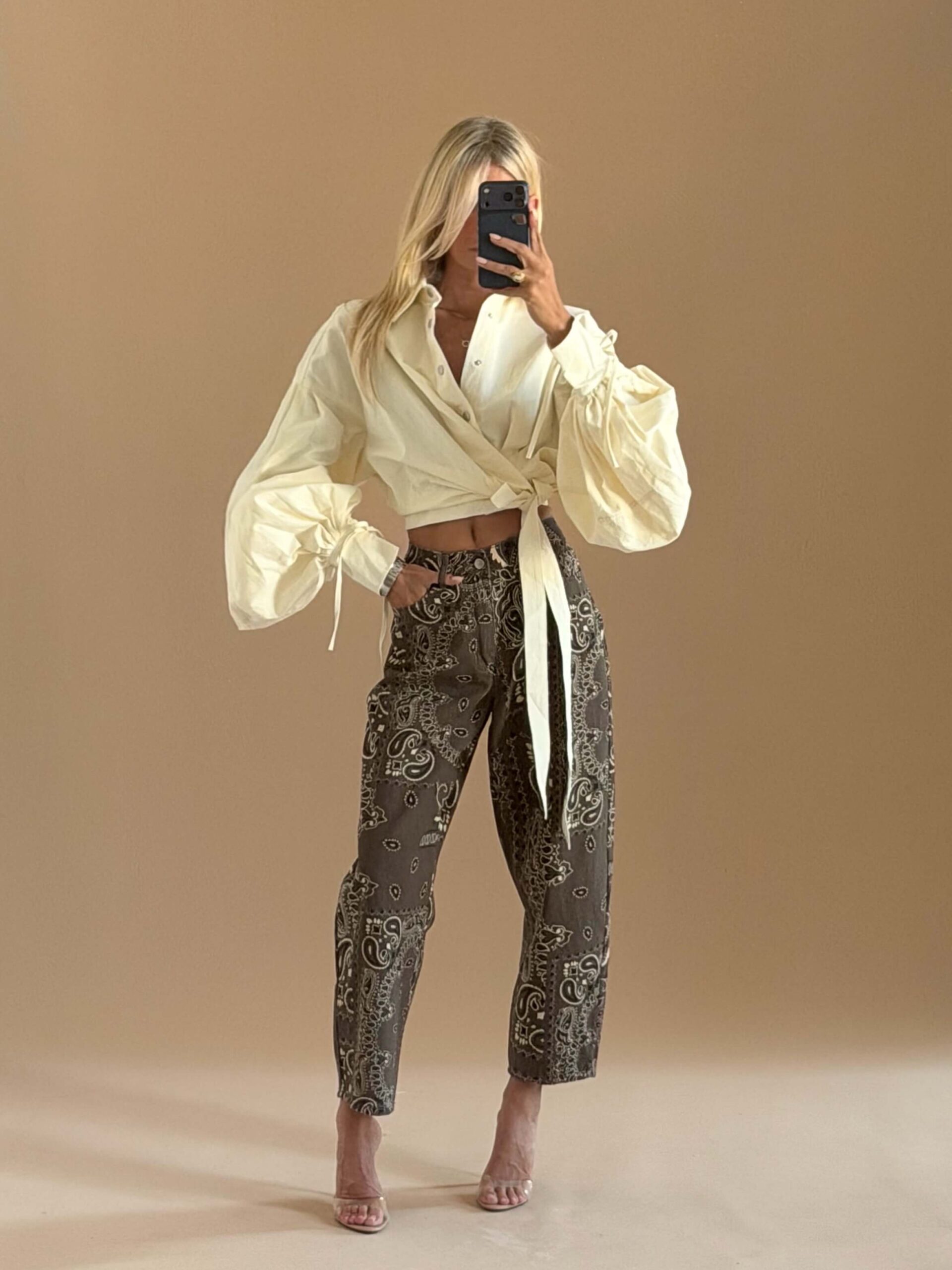 25C698DE-DE27-4601-AA61-33A2778697C7 Brown Bandana Print Denim Pants - Image 1