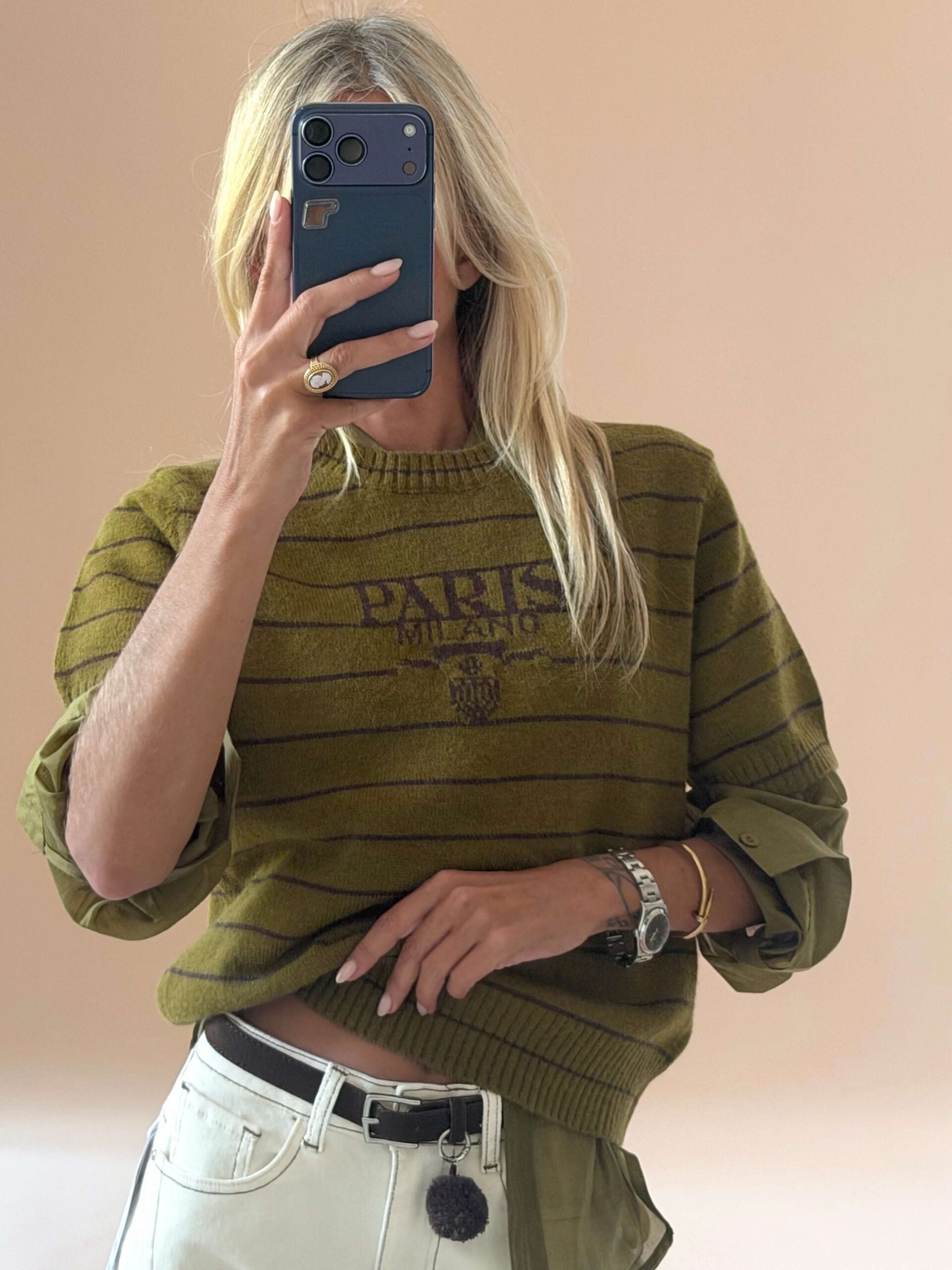7BB4C998-3F6A-48B5-B033-7FA9EB146480 Paris Striped Knit Top – Olive Green - Image 1