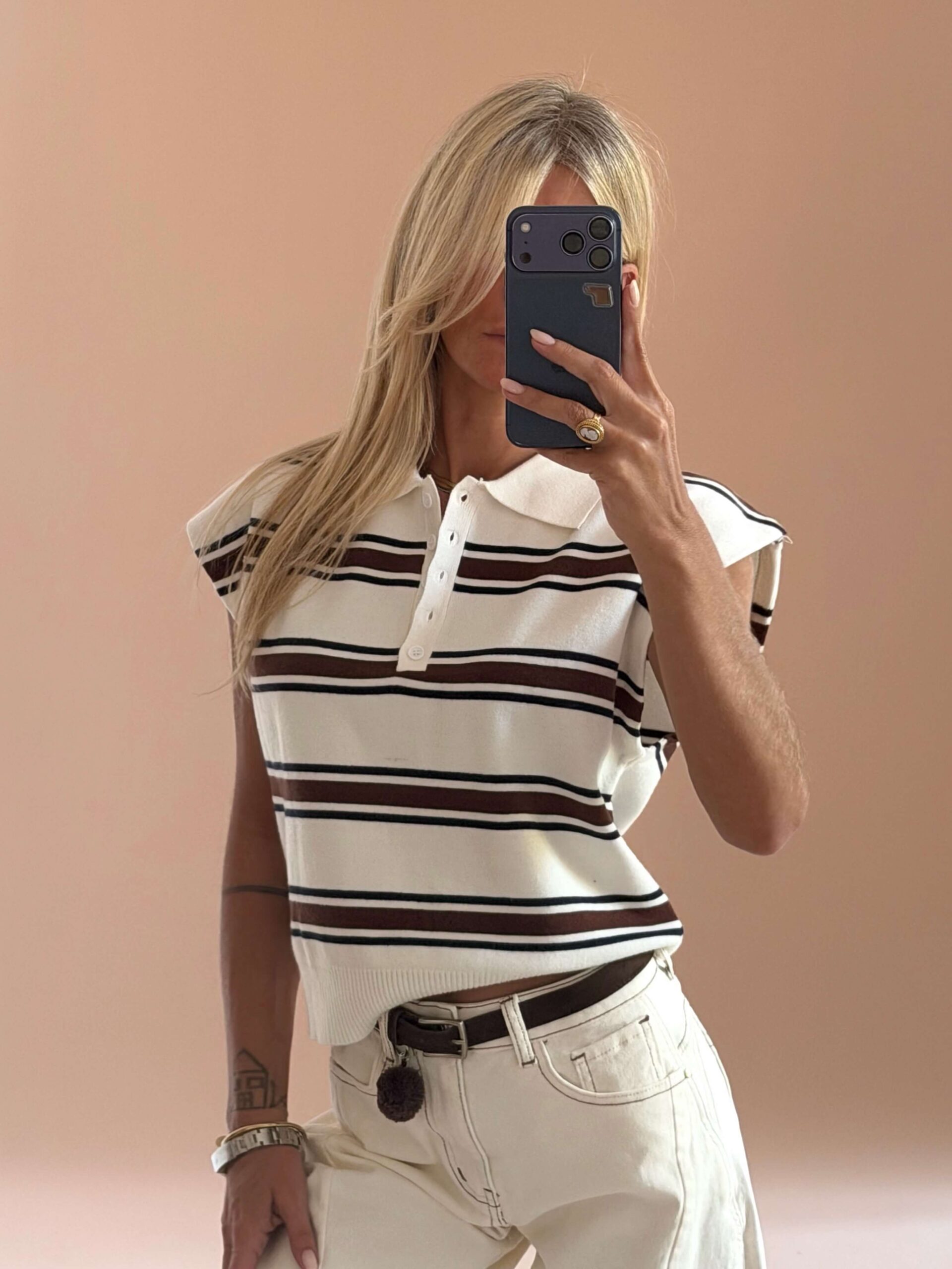 A79B55FA-B2BF-4BF1-9C69-B49A6142ED48 Ivory Brown Striped Knit Polo Top - Image 1
