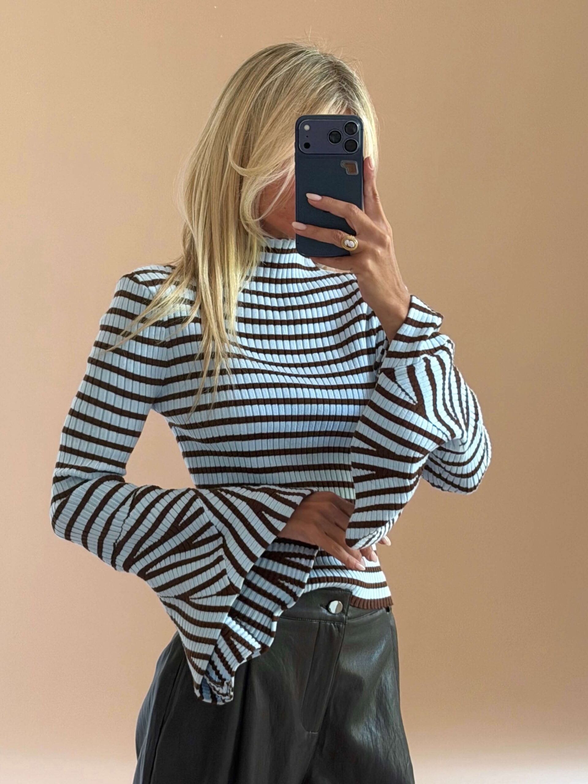 E596A306-5840-4AA6-A7B9-B71E7BC3BDD8 Striped Flare Sleeve Knit Top – Ciel - Image 1