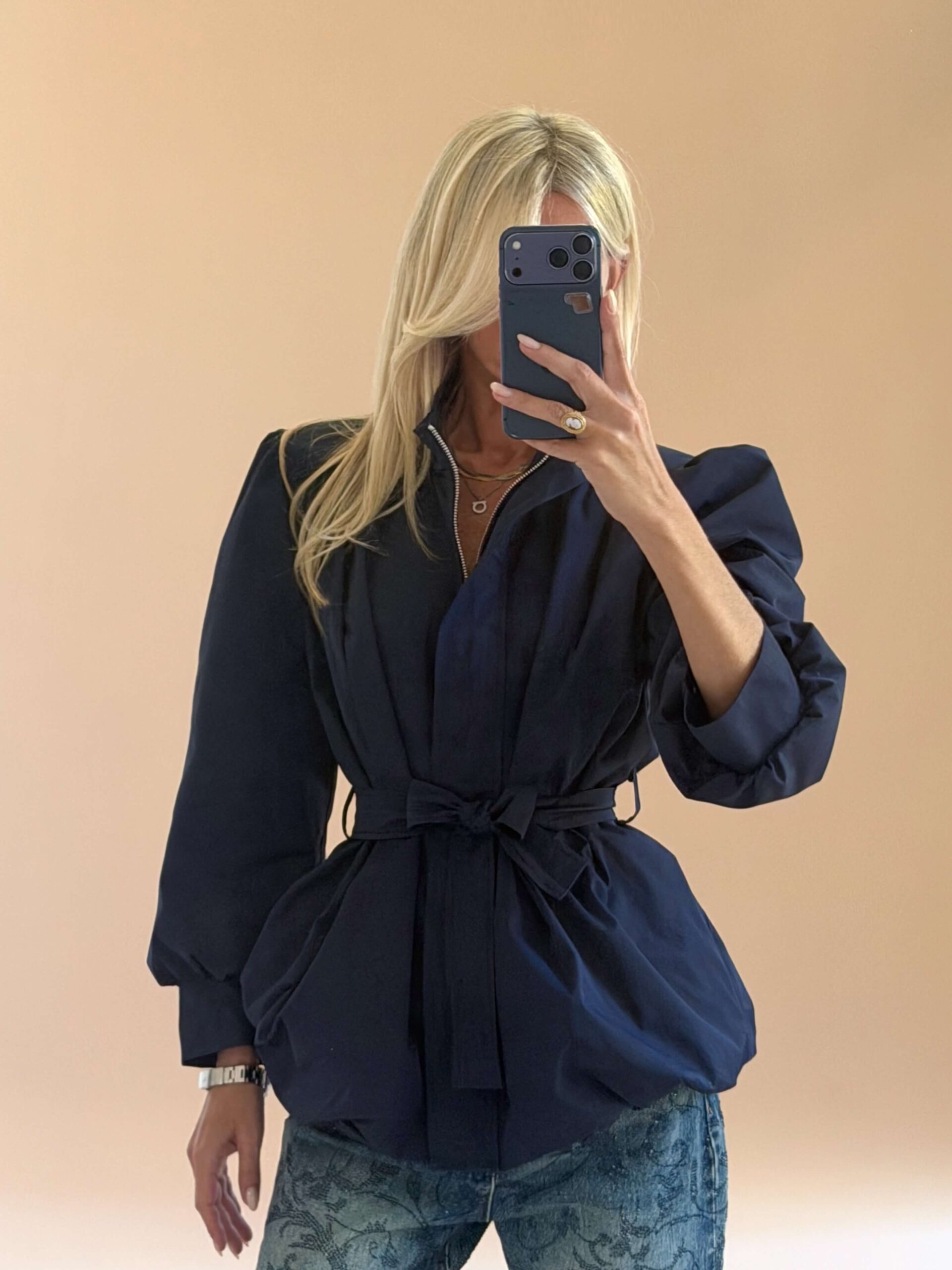 05549A6A-A0D2-4599-AF07-932777EAC84E 2 Balloon Hem Belted Jacket – Blue - Image 1