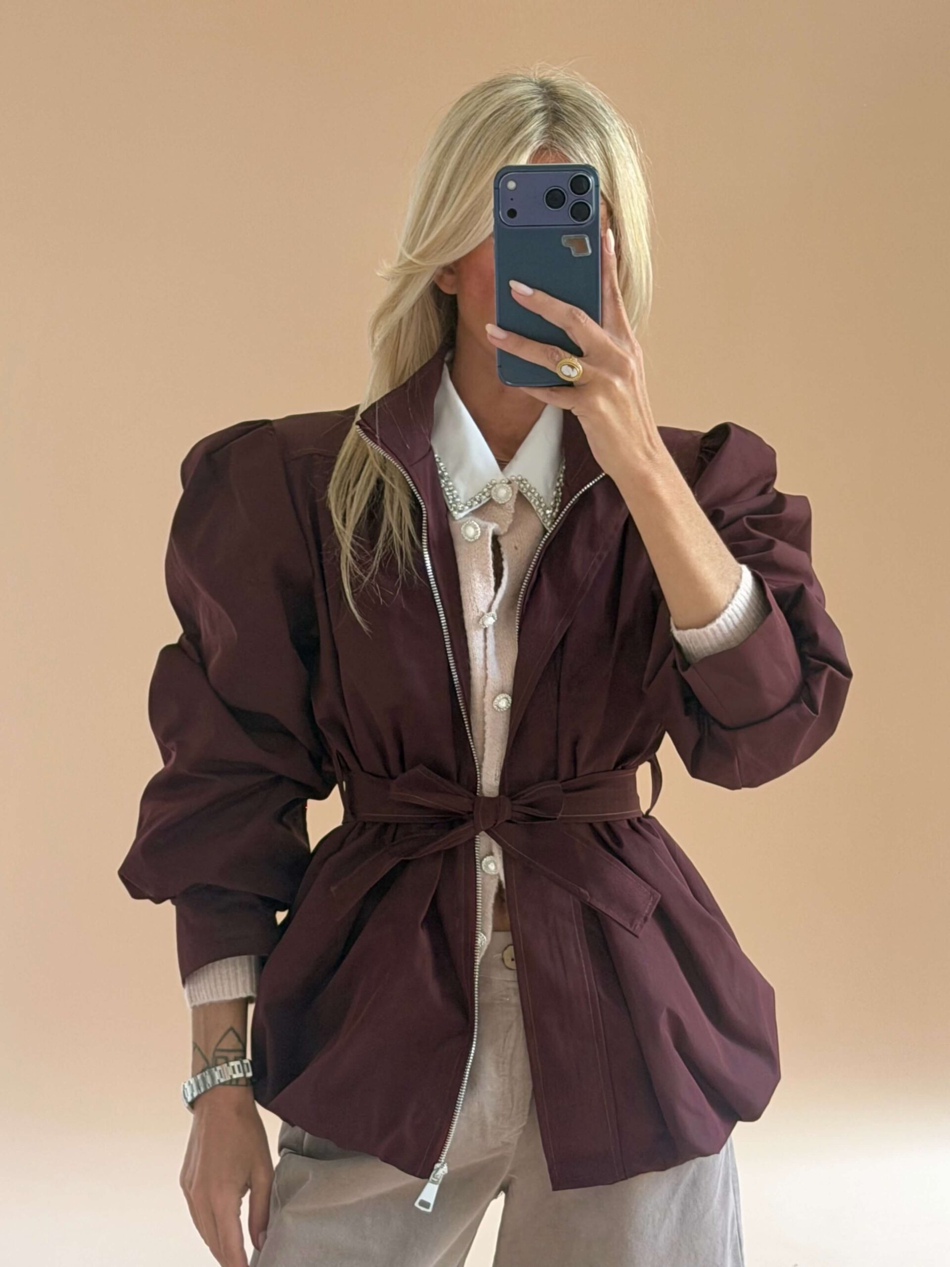 182CAF19-E492-48DA-B905-B88B5F2AC8F7 Balloon Hem Belted Jacket – Burgundy - Image 1