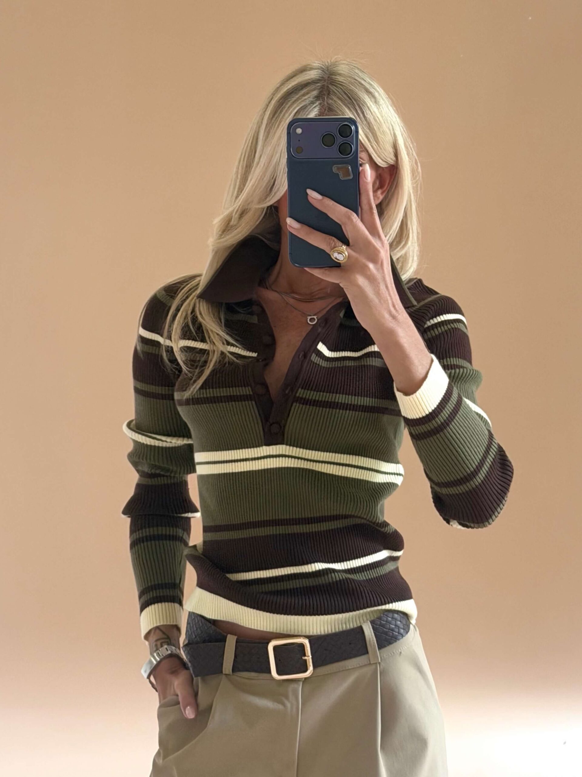 1F2A64F6-F705-4410-96A5-8FE6D8EA2D76 Striped Ribbed Polo Knit Top – Brown Olive - Image 1