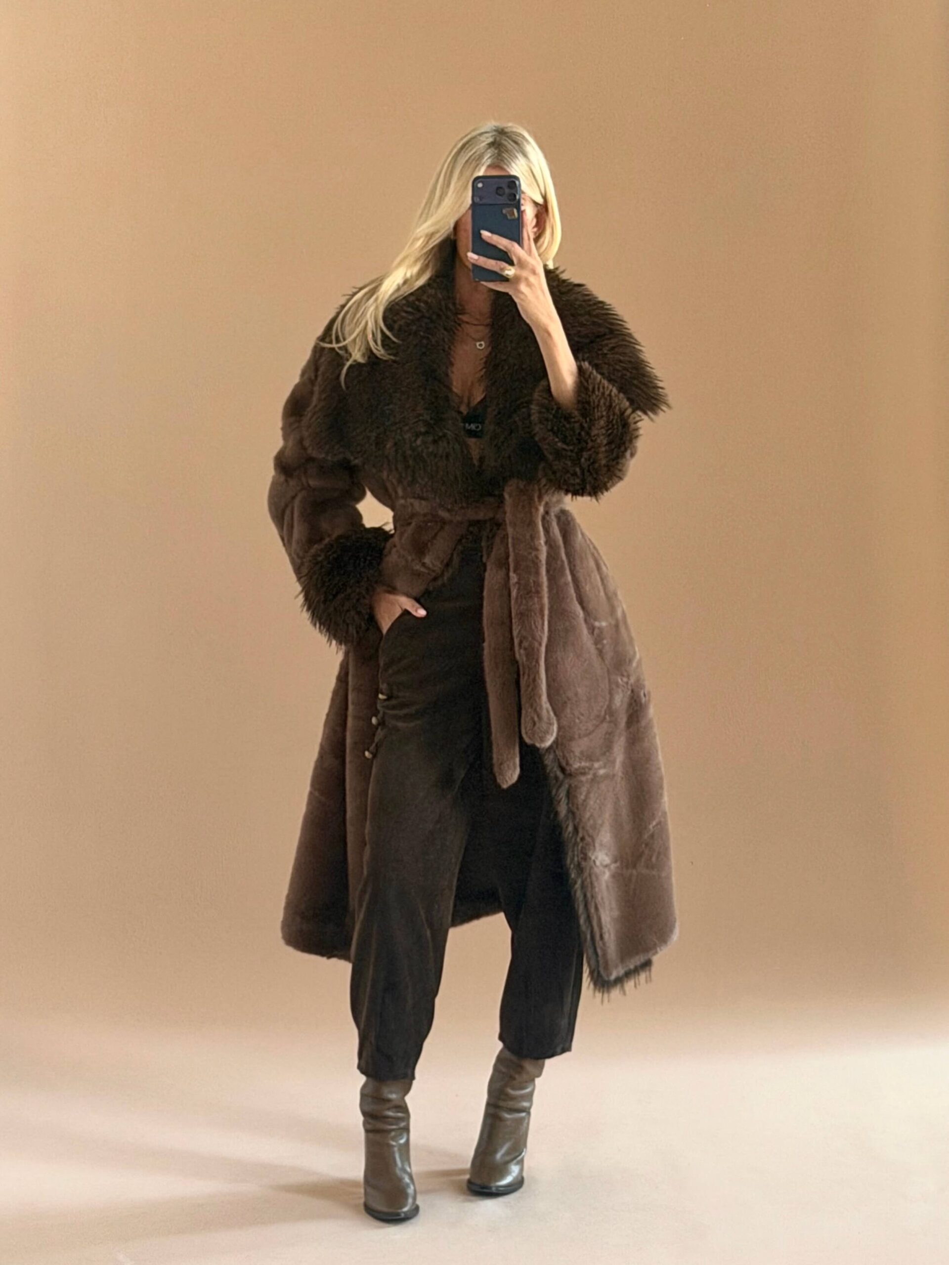 46BFDF00-205B-4F9B-8B20-C5990DE62BF8 Faux Fur Belted Coat – Dark Brown - Image 1