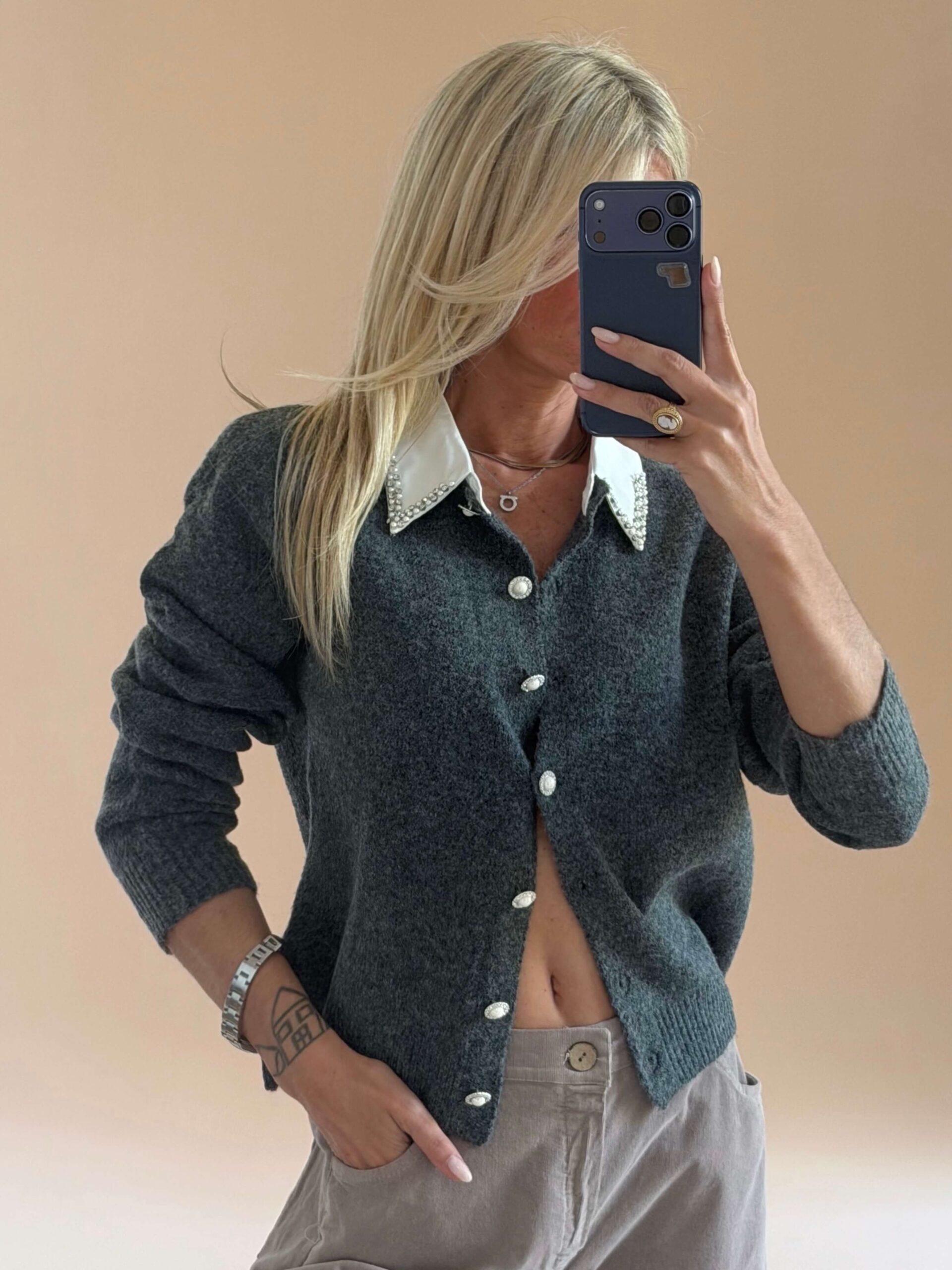 5289DEDA-C587-42BB-ADD1-202E0C0DF6F5 Soft Knit Cardigan with Rhinestone Collar – Grey - Image 1