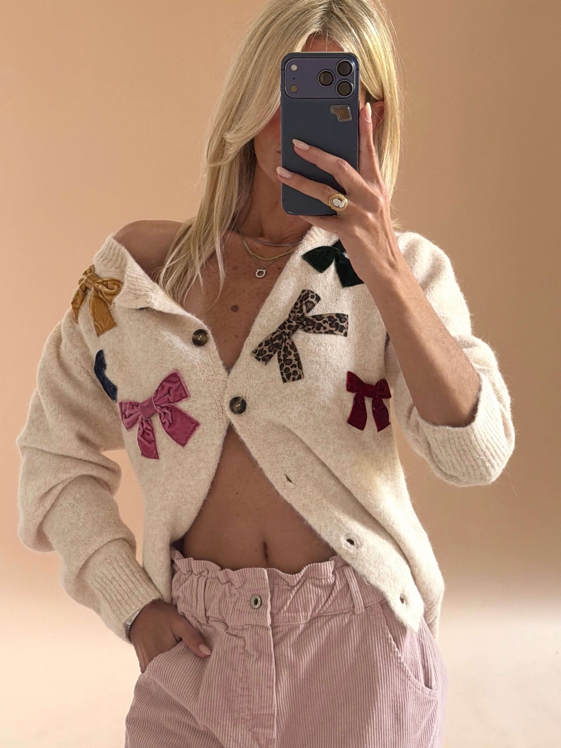 546A13F0-1627-46F9-9D7D-C50BC25847C6 Velvet Bow Knit Cardigan – Ecru - Image 1