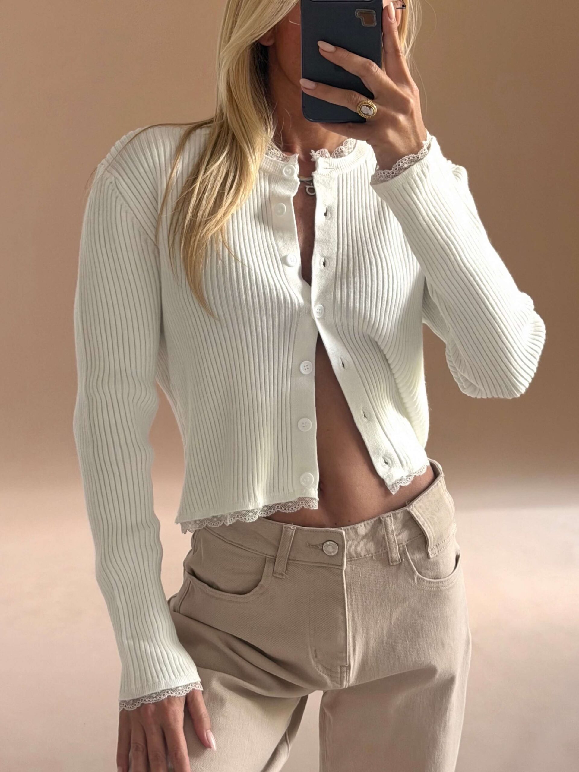 68E69416-E5C4-4C83-825F-6C55E1A60149 White Ribbed Lace Trim Cardigan - Image 1