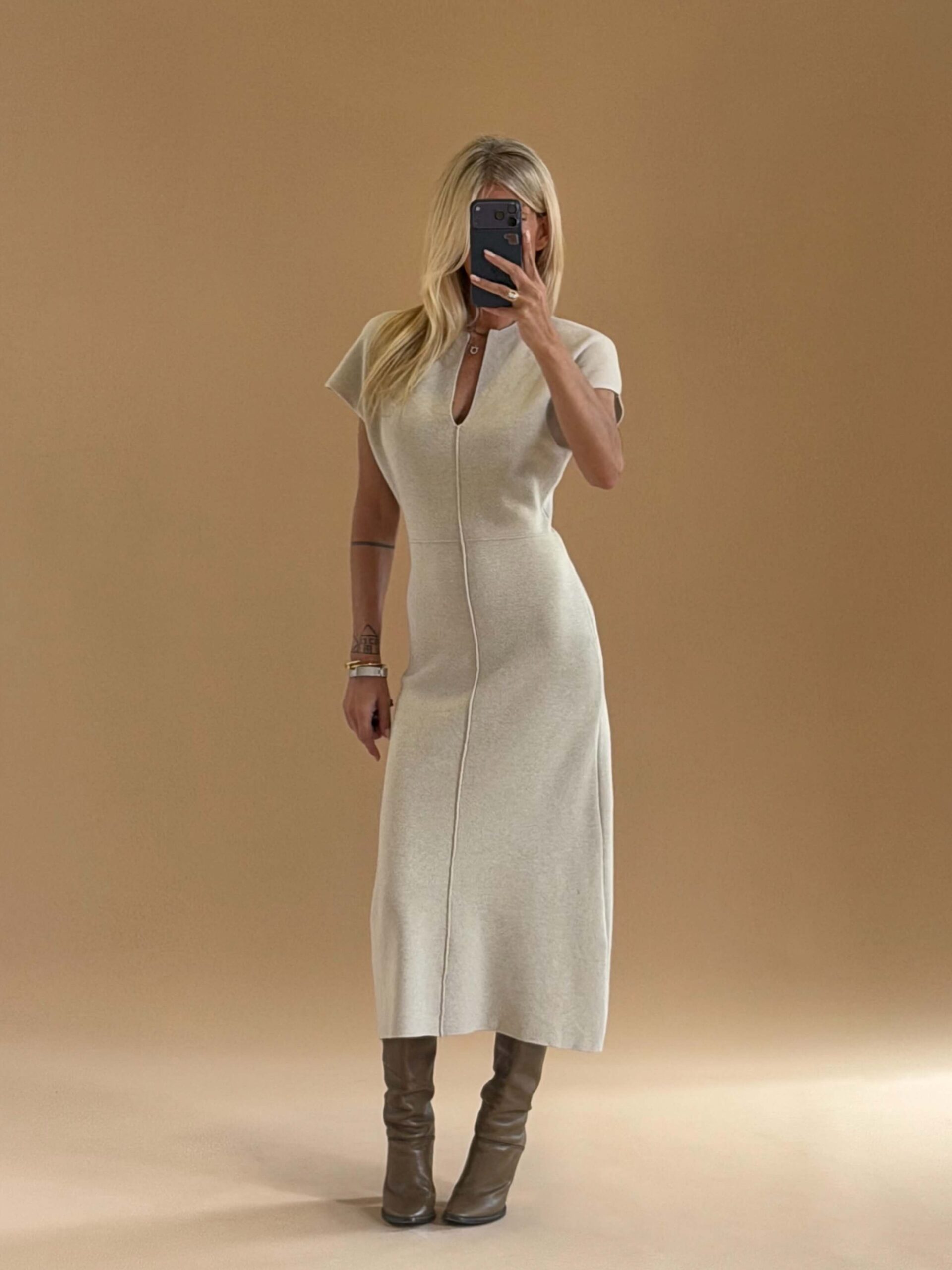 7F86CBE3-E70D-4FD8-B880-5760595E3EA2 Greige Knitted Dress - Image 1