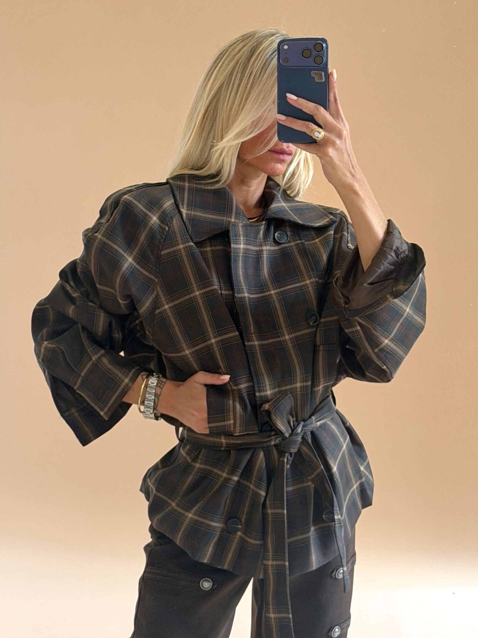 927911B4-8901-4DCD-8908-53C826FAB66B Brown Check Belted Jacket - Image 1
