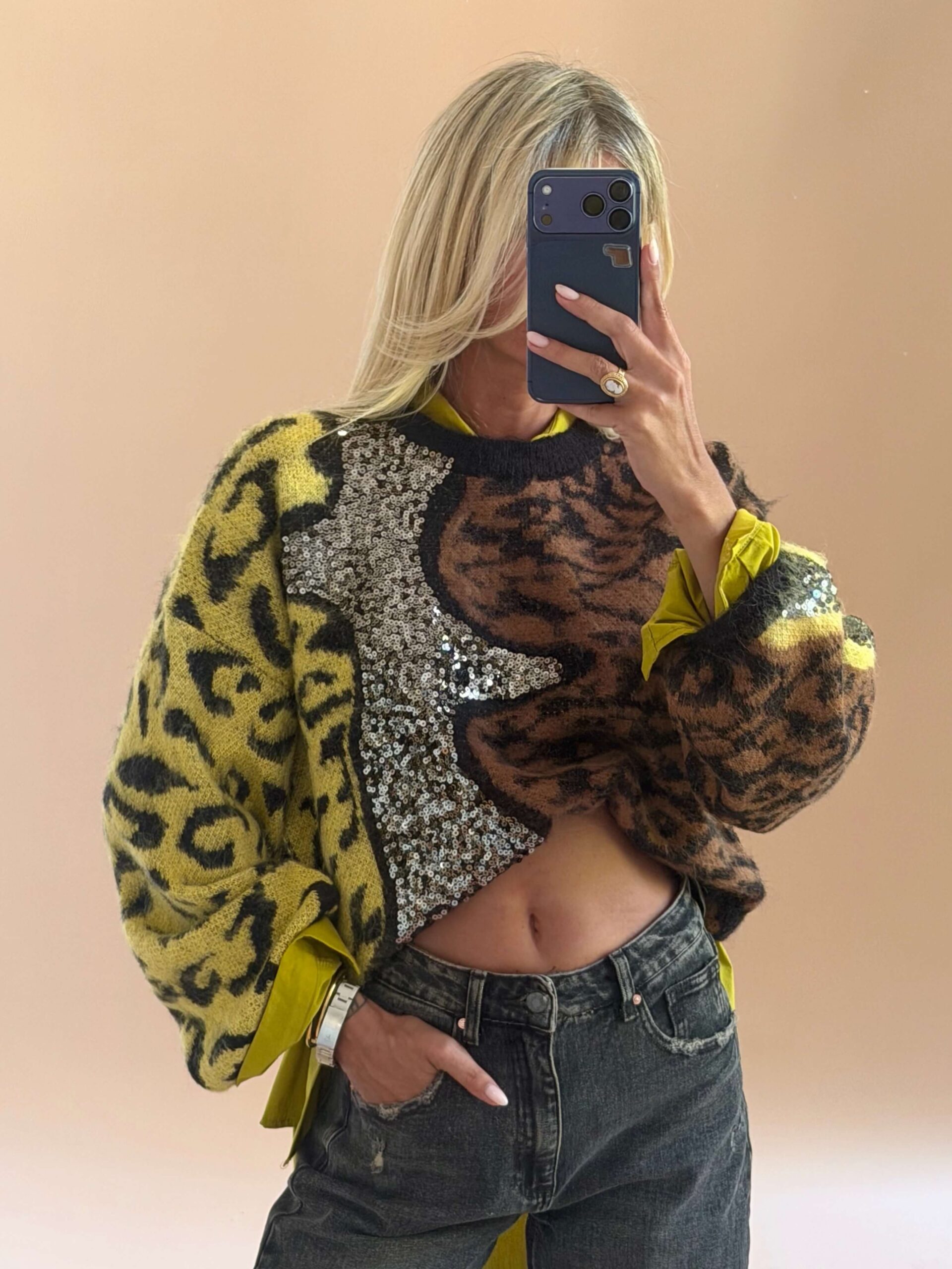 97C8CFE4-E1CE-44D7-BCB0-724D886E437D Sequin Animal Print Sweater – Black - Image 1