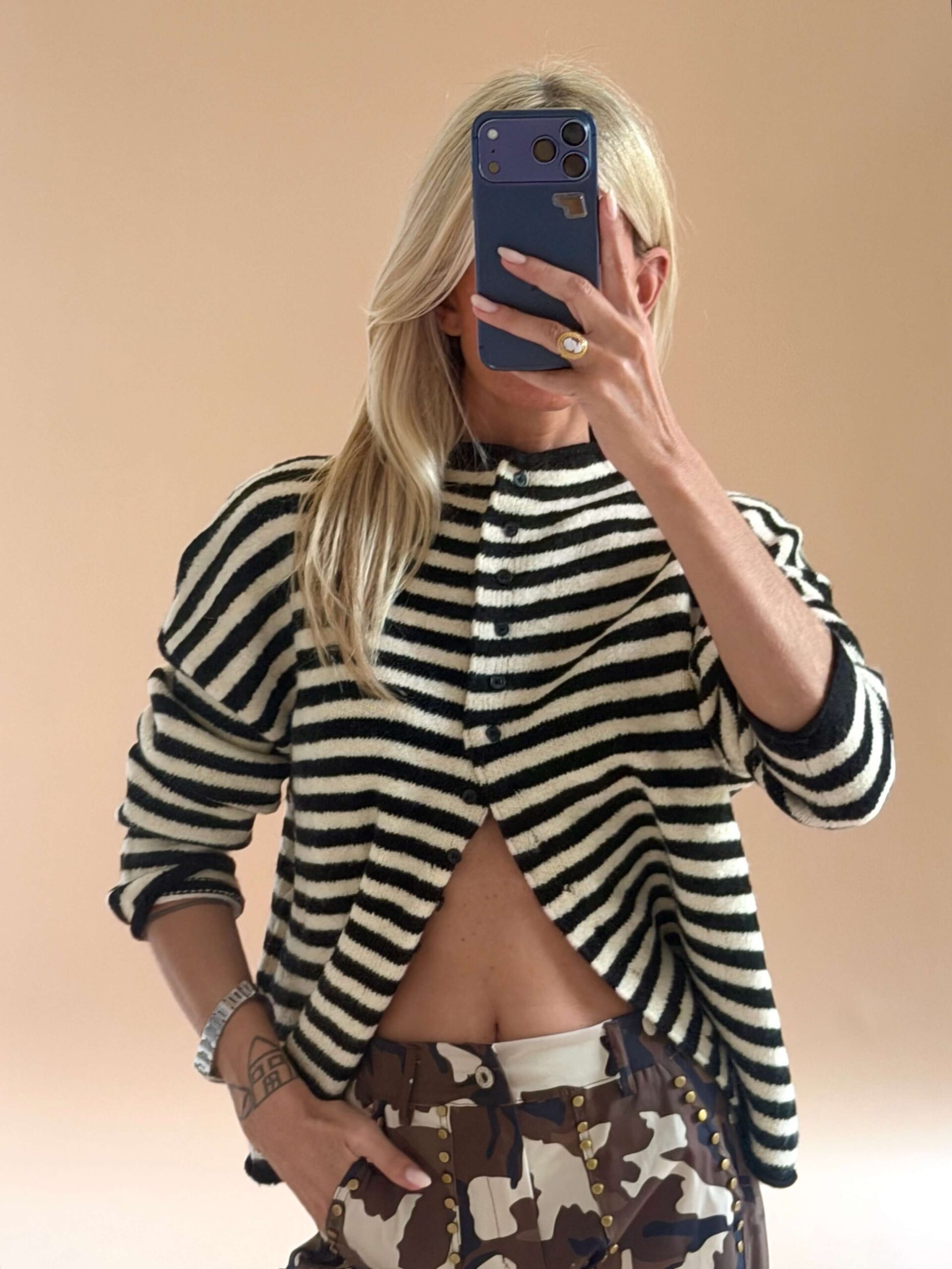 98EA86AA-8818-48BF-ABAB-7A9C6A667FE3 Soft Stripe High-Neck Cardigan – Black - Image 1