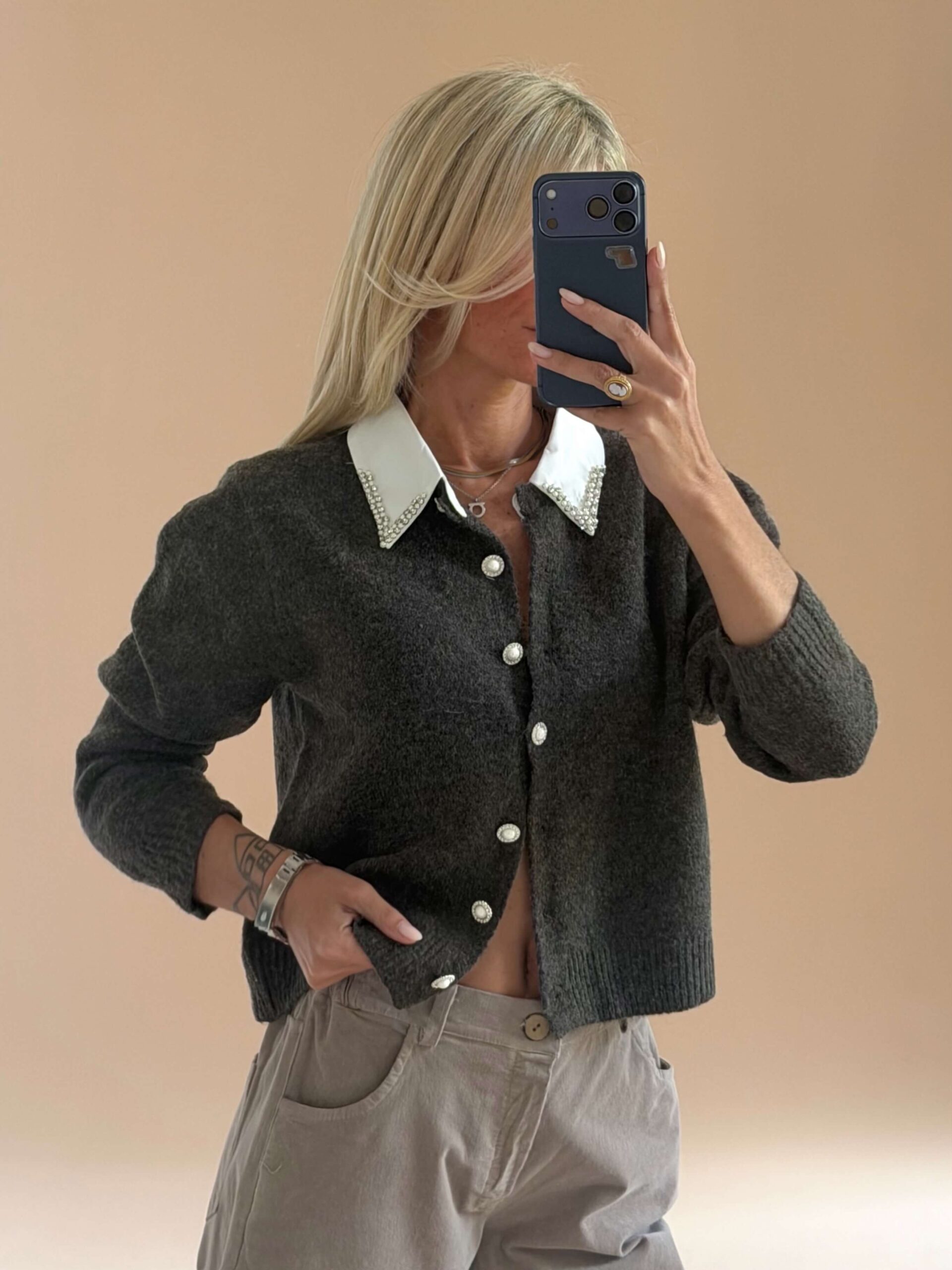 9A6FA816-C511-47E2-A226-68CF1F435939 Soft Knit Cardigan with Rhinestone Collar – Brown - Image 1