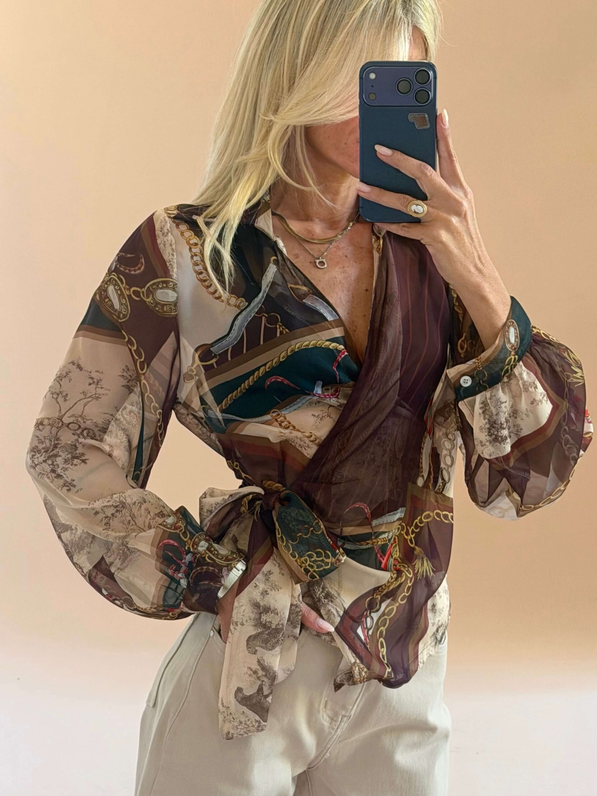9EABCC25-9B69-4483-BBEB-B098F02B5638 Sheer Chain Print Wrap Shirt - Image 1
