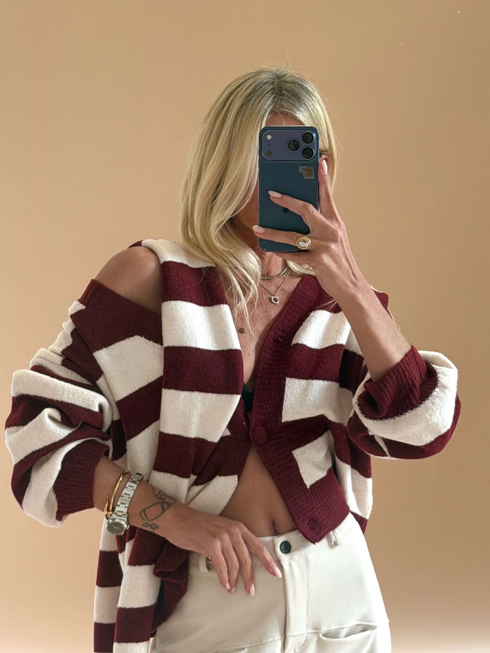 A0E90254-5C2D-445C-B0DA-DA1E16AE6DFB Bordeaux Striped Knit Cardigan with Scarf - Image 1