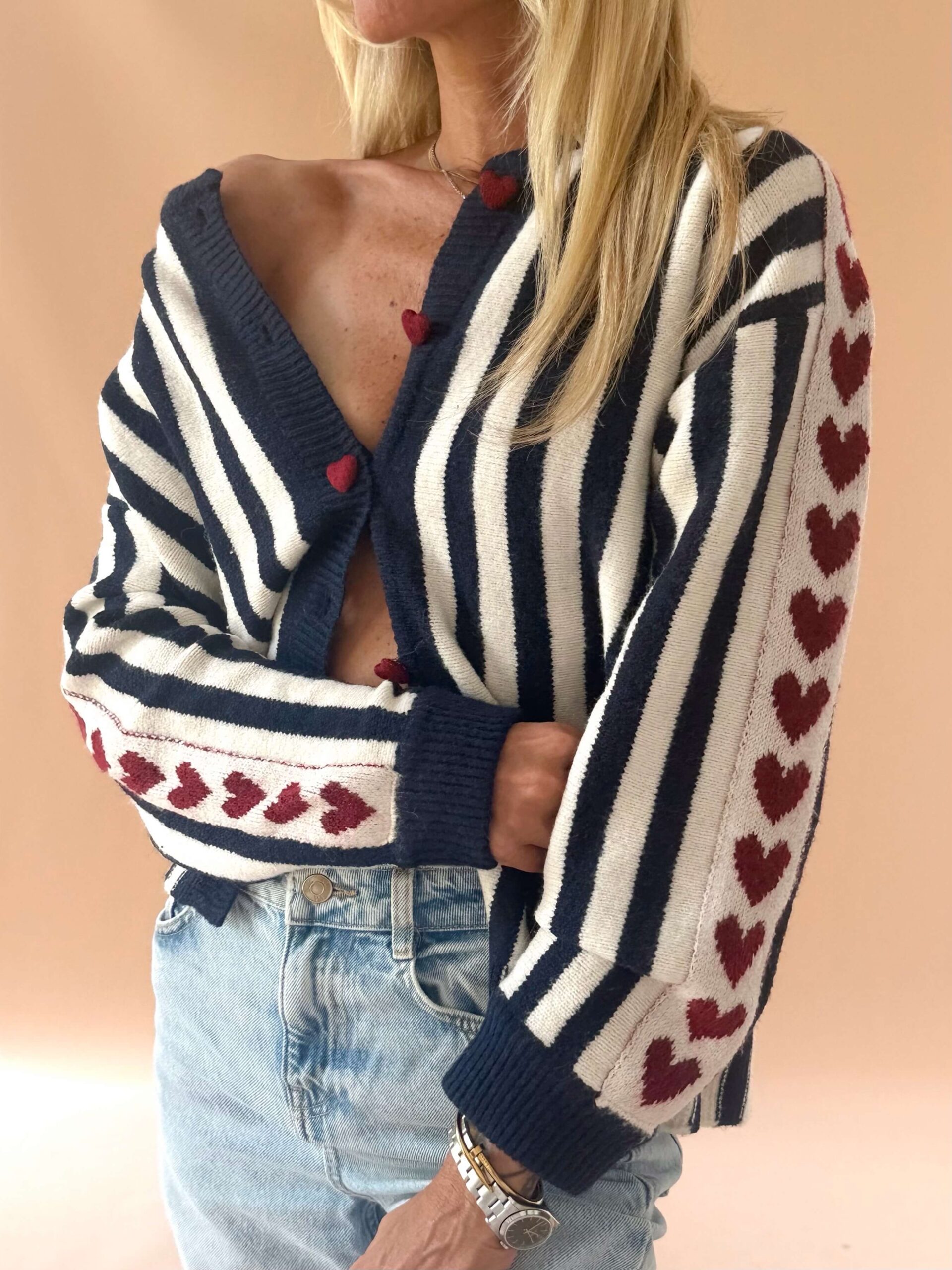 BAB24C09-06E0-410F-BAEA-B9BC49C2F09E Heart Stripe Knit Cardigan – Navy - Image 1