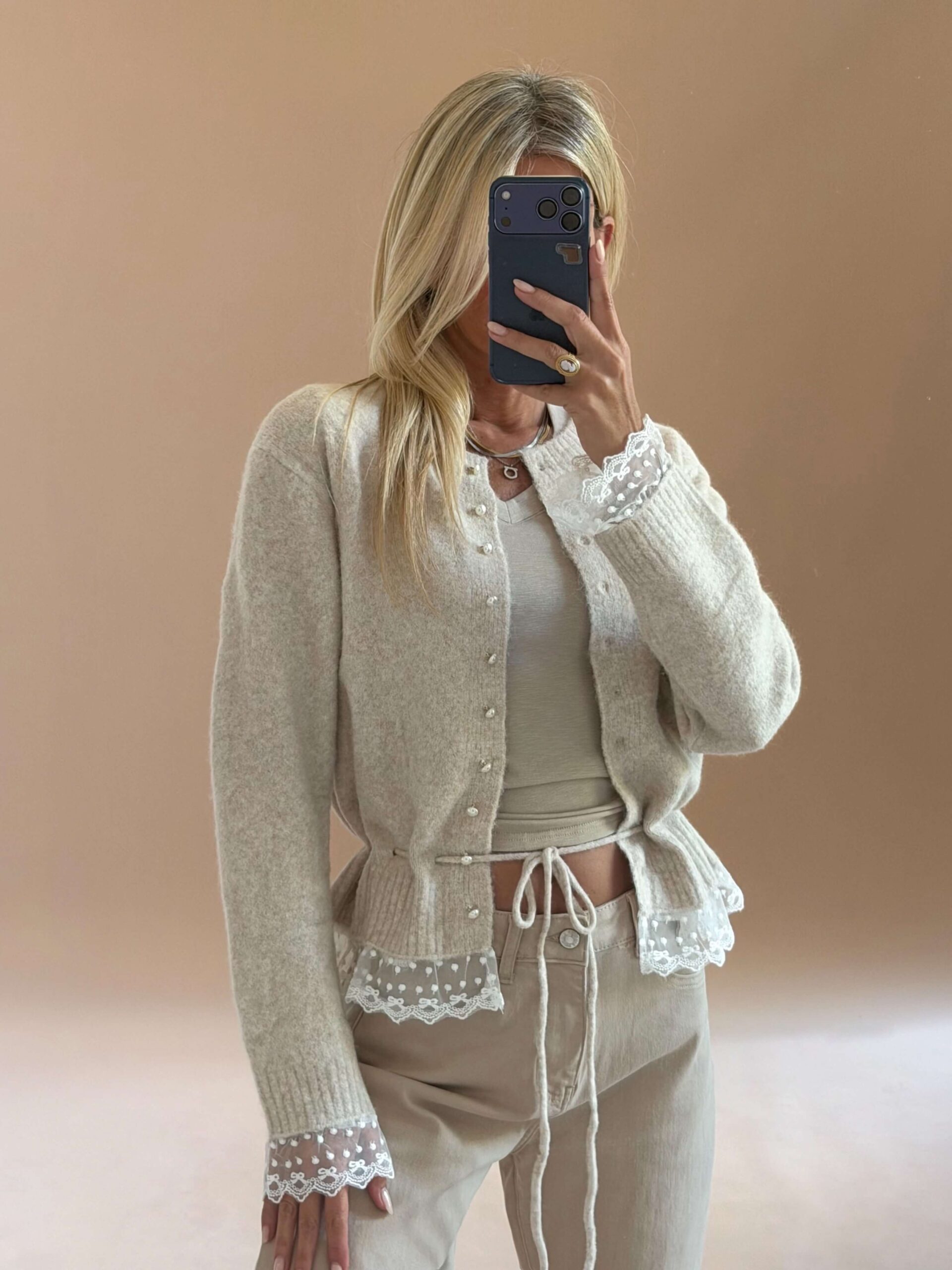 BBD1285E-69B1-4782-BEDB-41E7B0BEDDB0 Beige Lace Trim Pearl Button Cardigan - Image 1
