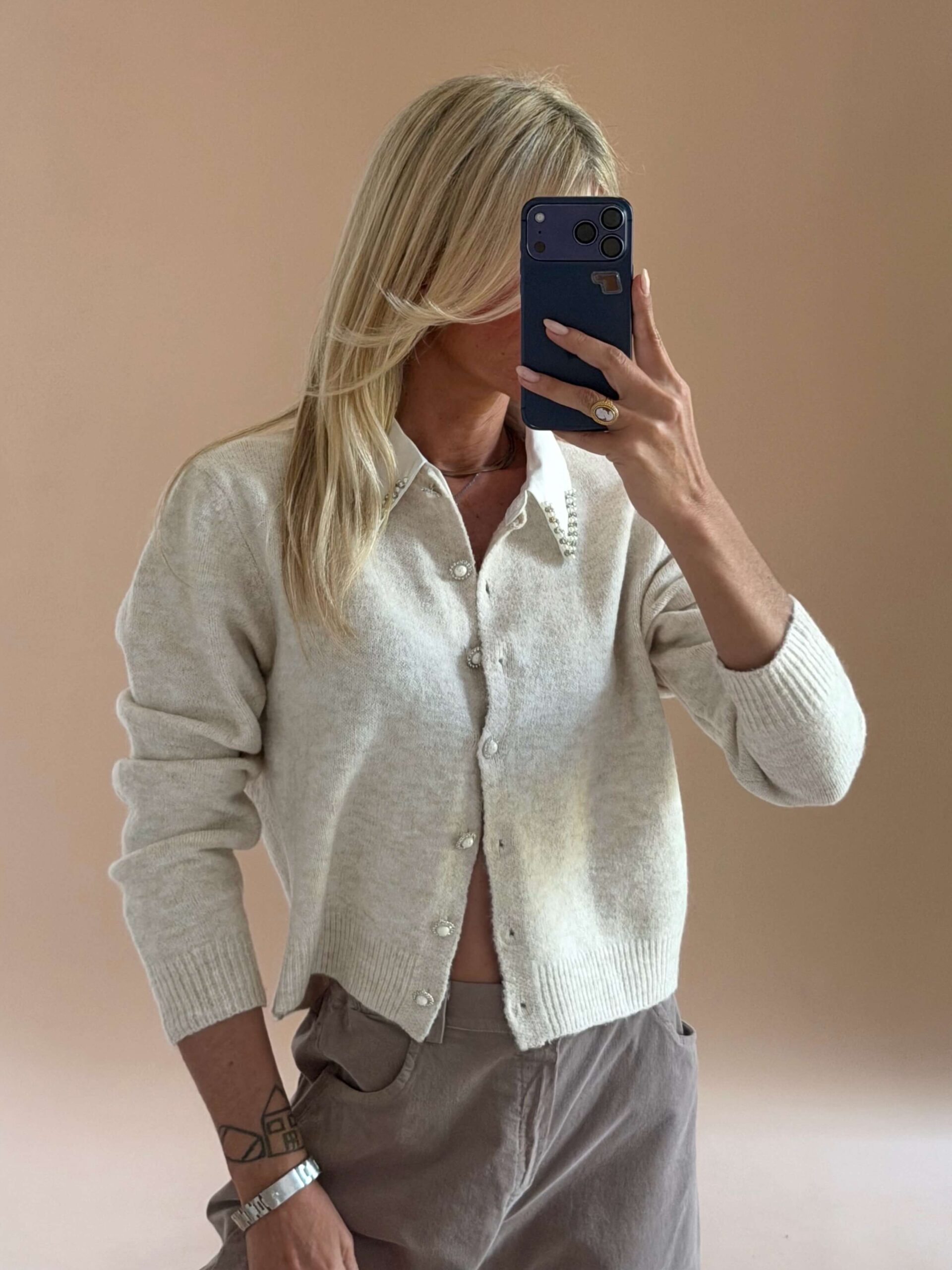 C82D58BA-4BBE-46D4-BF60-3DBE6D28C5D9 Soft Knit Cardigan with Rhinestone Collar – Beige - Image 1