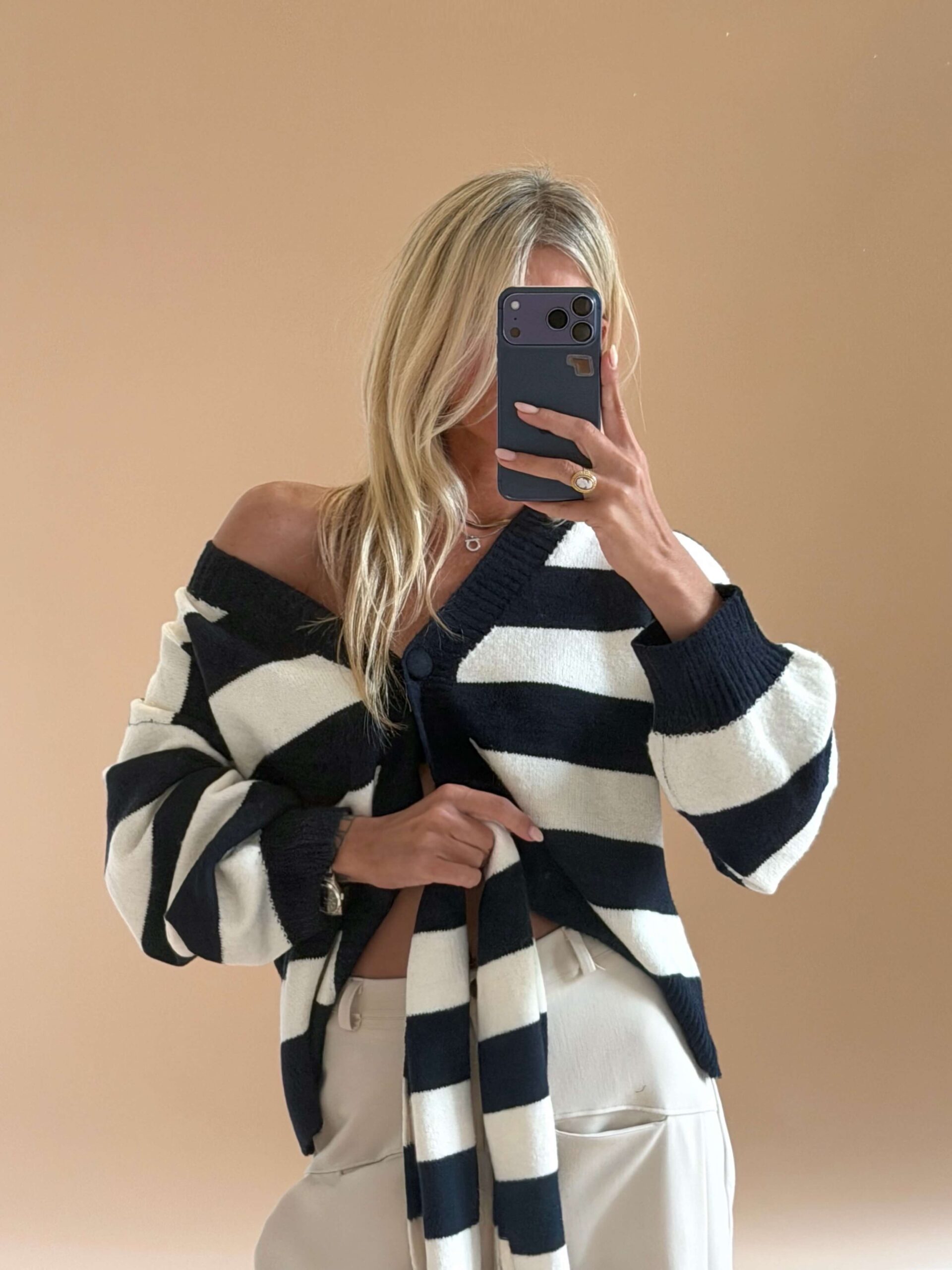 DAC9187A-D4D3-48C8-8F61-42F33A3D7234 Navy Striped Knit Cardigan with Scarf - Image 1