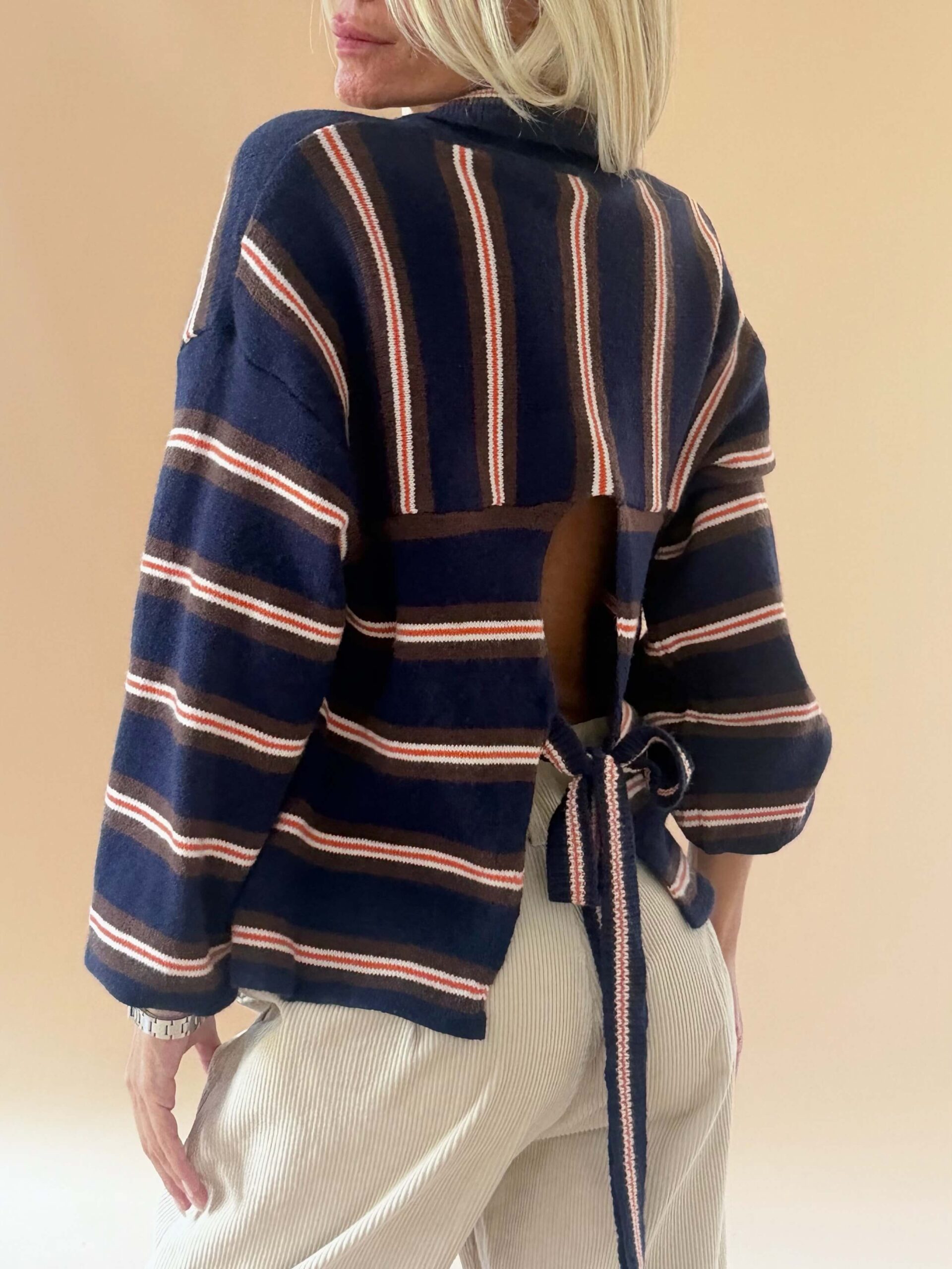 E40F529E-42BA-42BE-9290-2405D3B095F0 Striped Cut-Out Tie Knit Top – Blue - Image 1