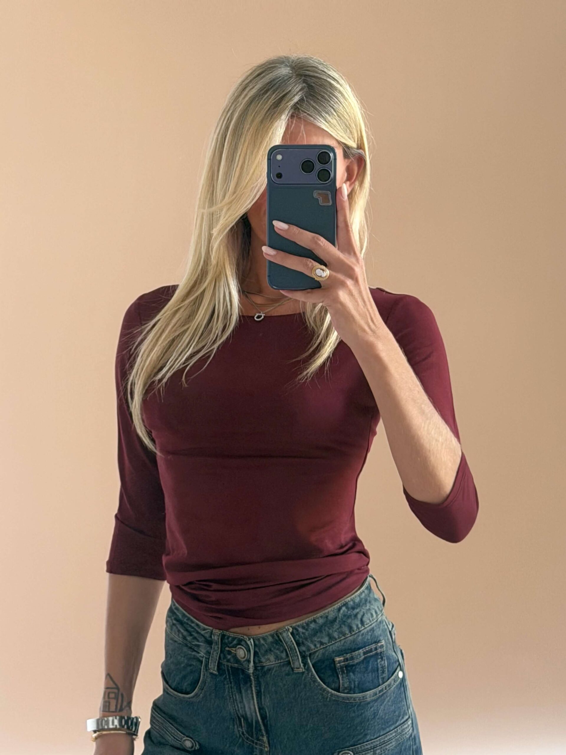 FD411F50-7EFA-4F99-8E39-72DB3E9FC2C3 Bordeaux Viscose 3/4 Sleeve Top - Image 1