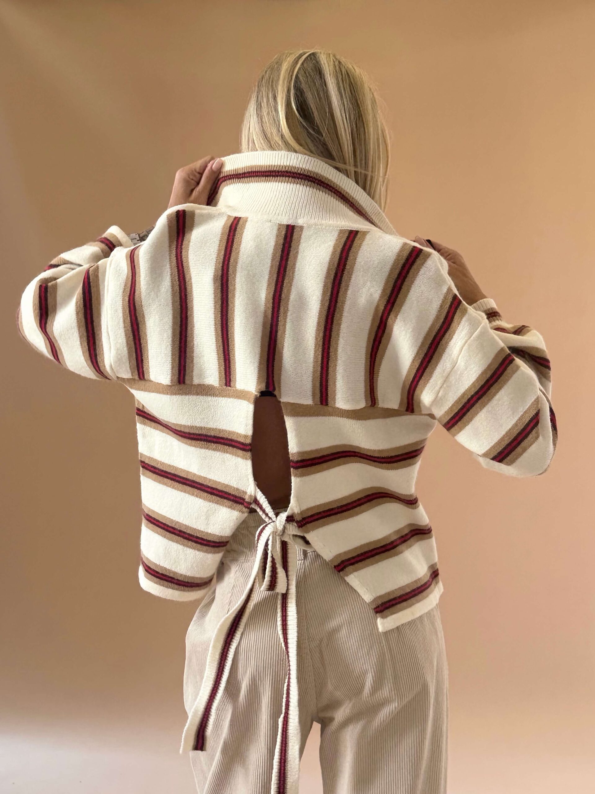 IMG_6430 Striped Cut-Out Tie Knit Top – Beige - Image 1