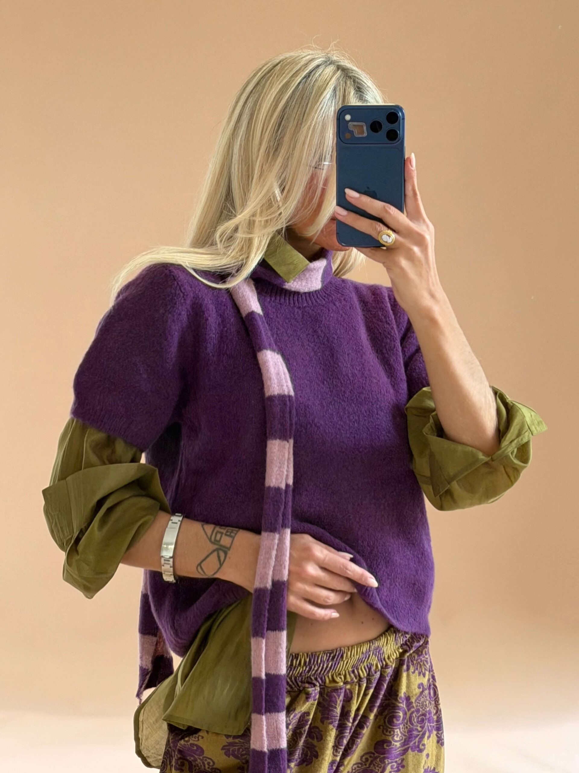 2C418263-F40F-4B49-B53D-1159790EC3A3 Purple Knit Top with Striped Scarf - Image 1