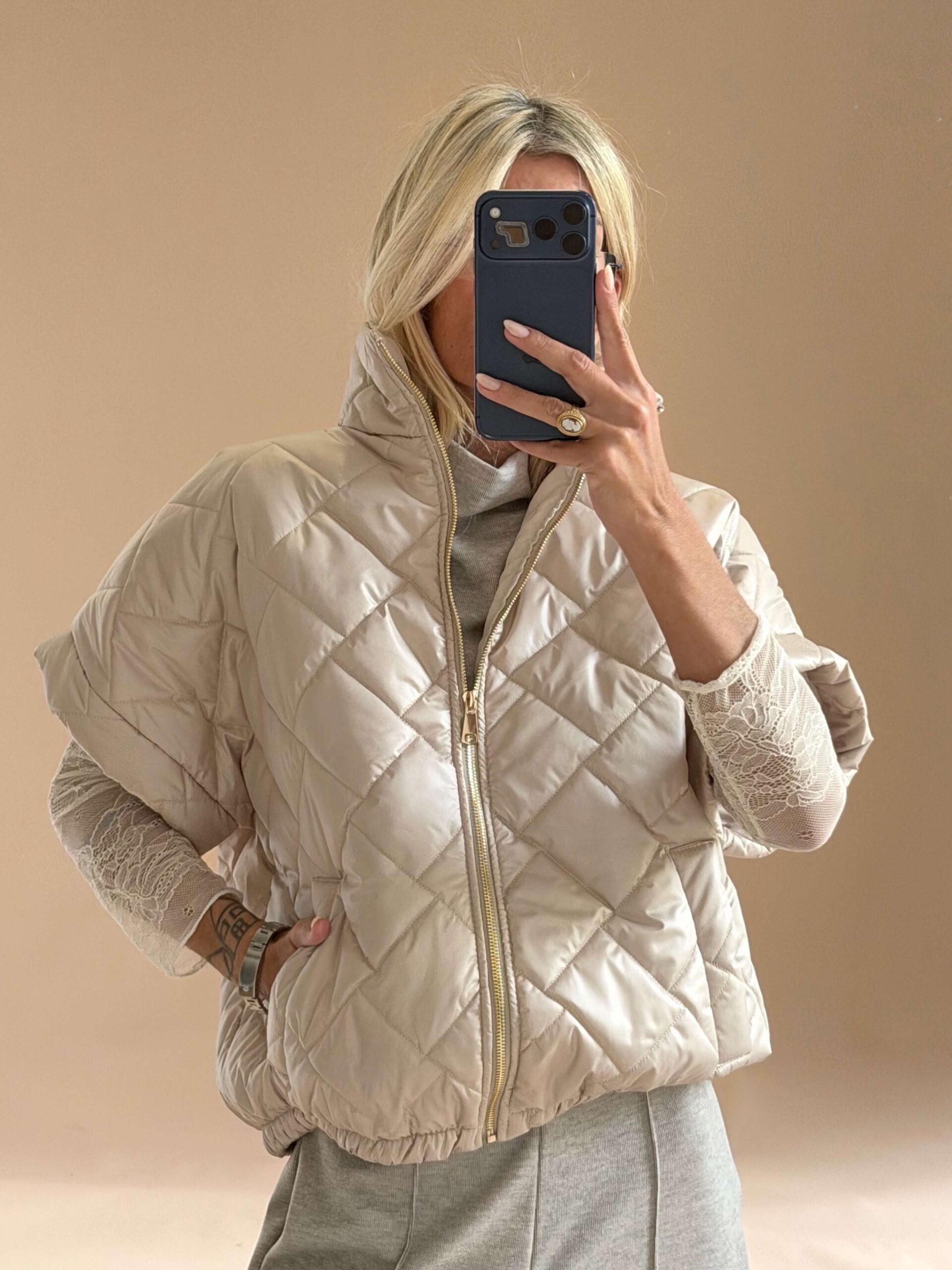 42898A72-FC4B-4C66-899B-690967540492 Champagne Quilted Puffer Jacket - Image 1