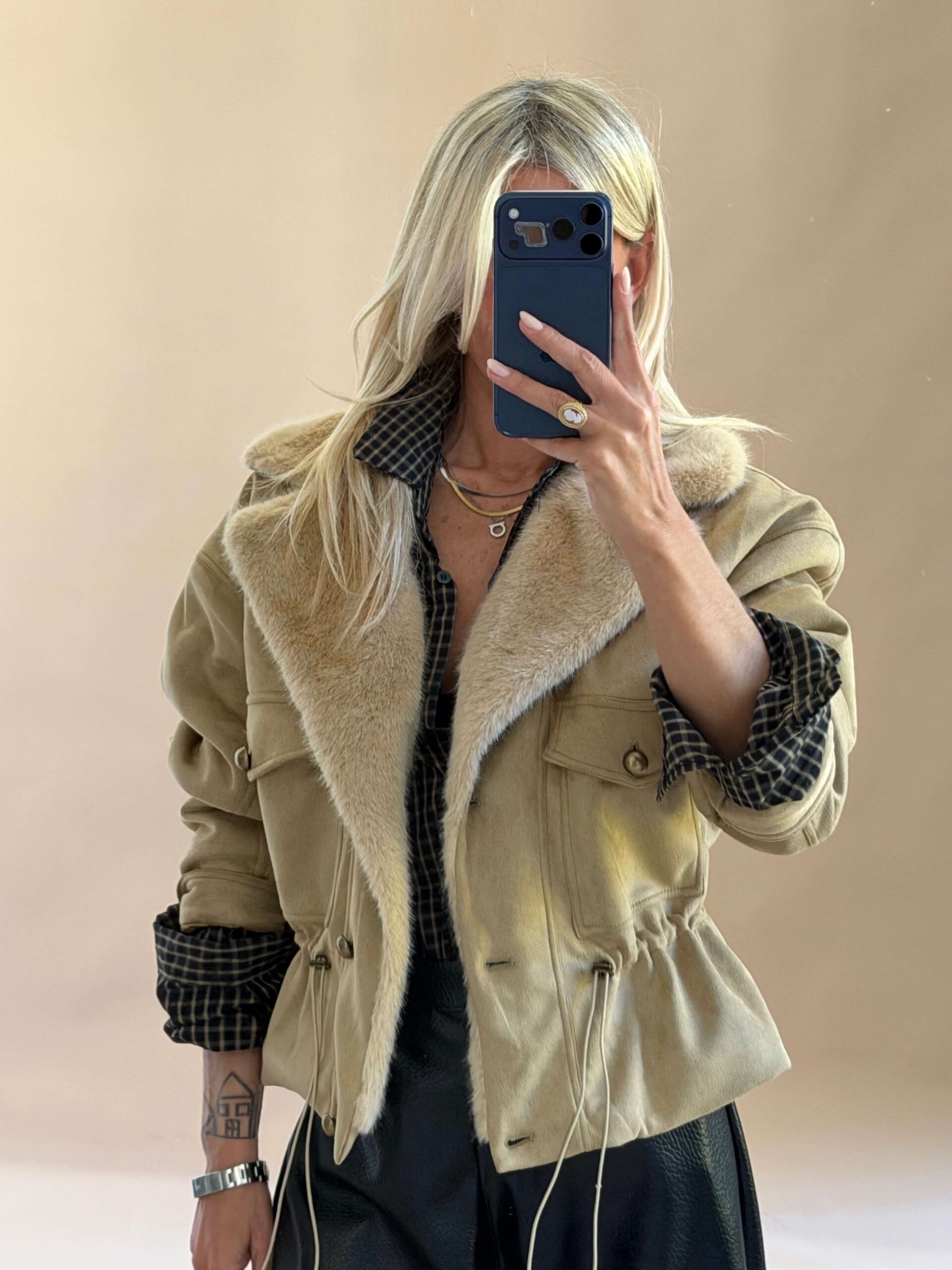 4AD43D0C-F698-439C-B007-42368E137A1D Suede Touch Fur Collar Jacket – Beige - Image 1