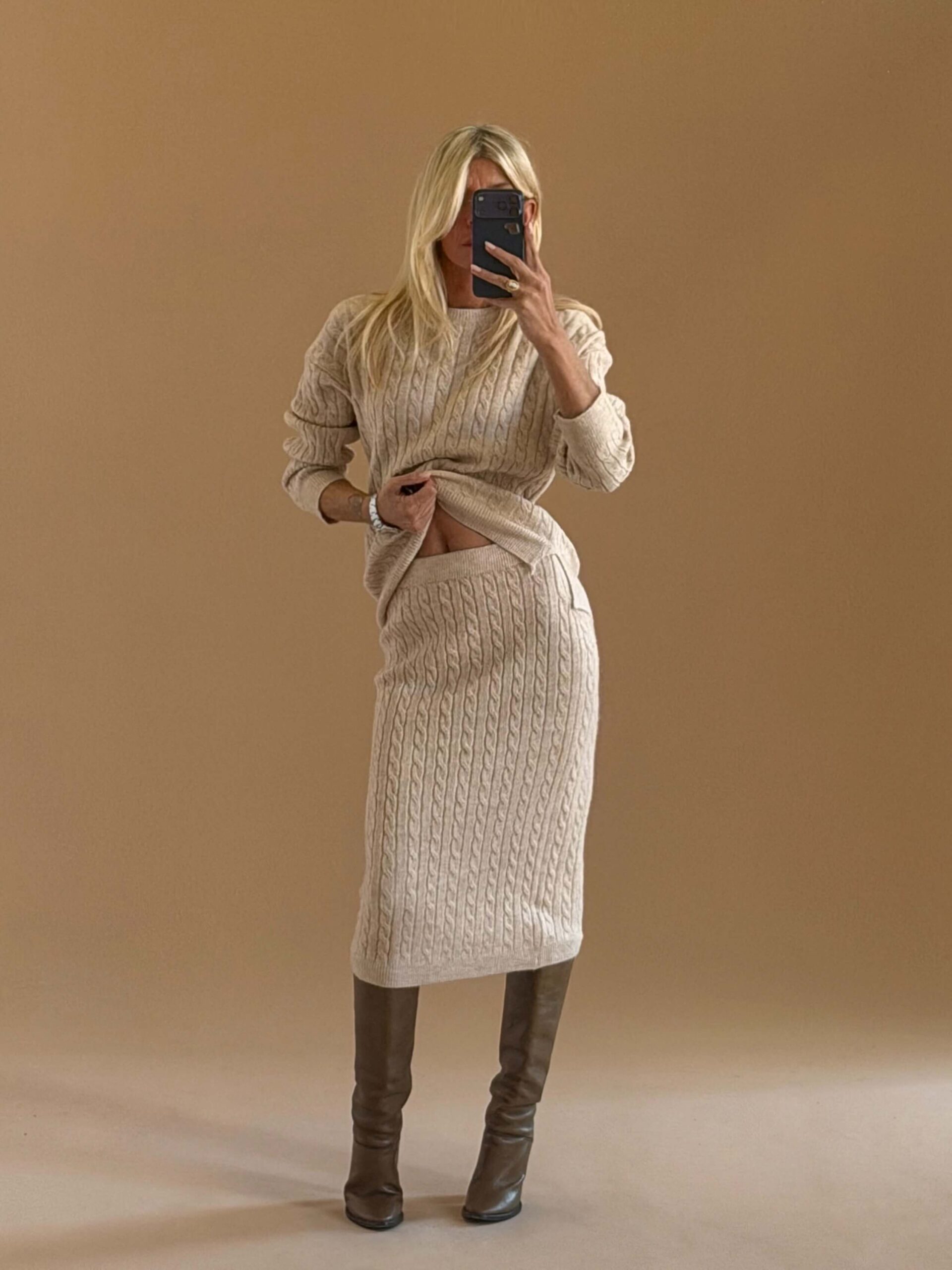 8777E23C-E03E-4F2F-9C3F-D636A01FE07D Soft Cable Knit Skirt Set Beige - Image 1