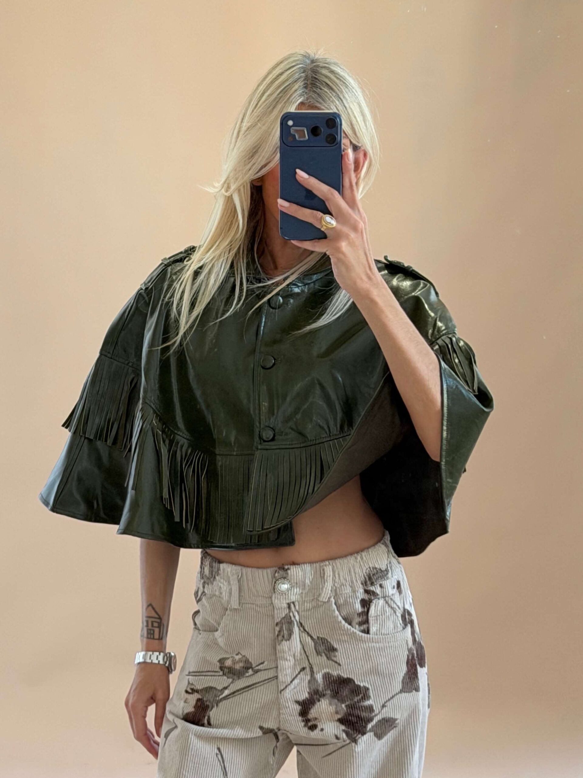 A1CADDA1-EE2F-44DF-8CCF-99A11312E50E Olive Glossy Fringe Cape - Image 1