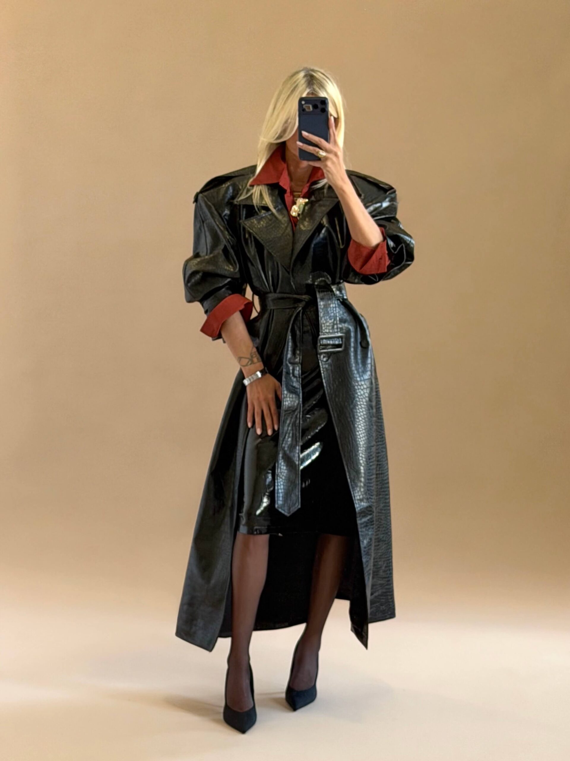 C821CD1F-AB9D-4A98-992A-D2FF1B8D77D4 Croco Statement Trench Coat – Black - Image 1