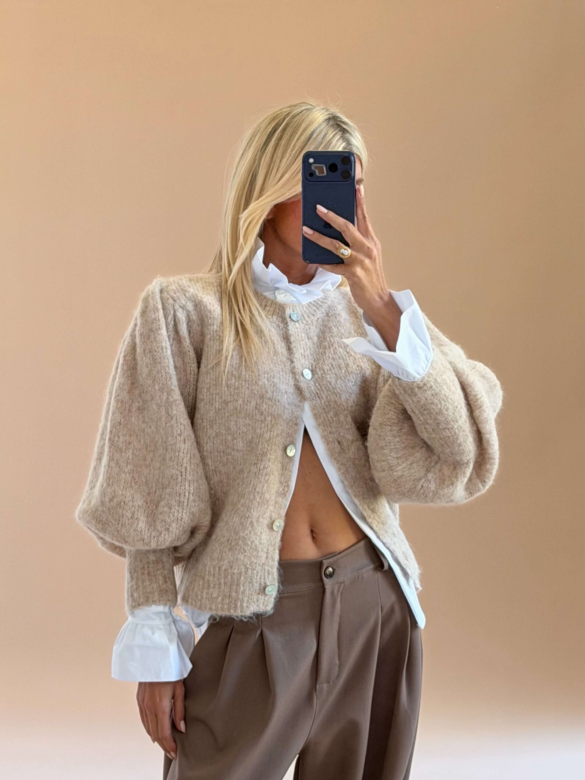 D340E0C3-F8A8-4F37-AA6E-3A9BB05815AF Fluffy Balloon Sleeve Cardigan – Beige - Image 1