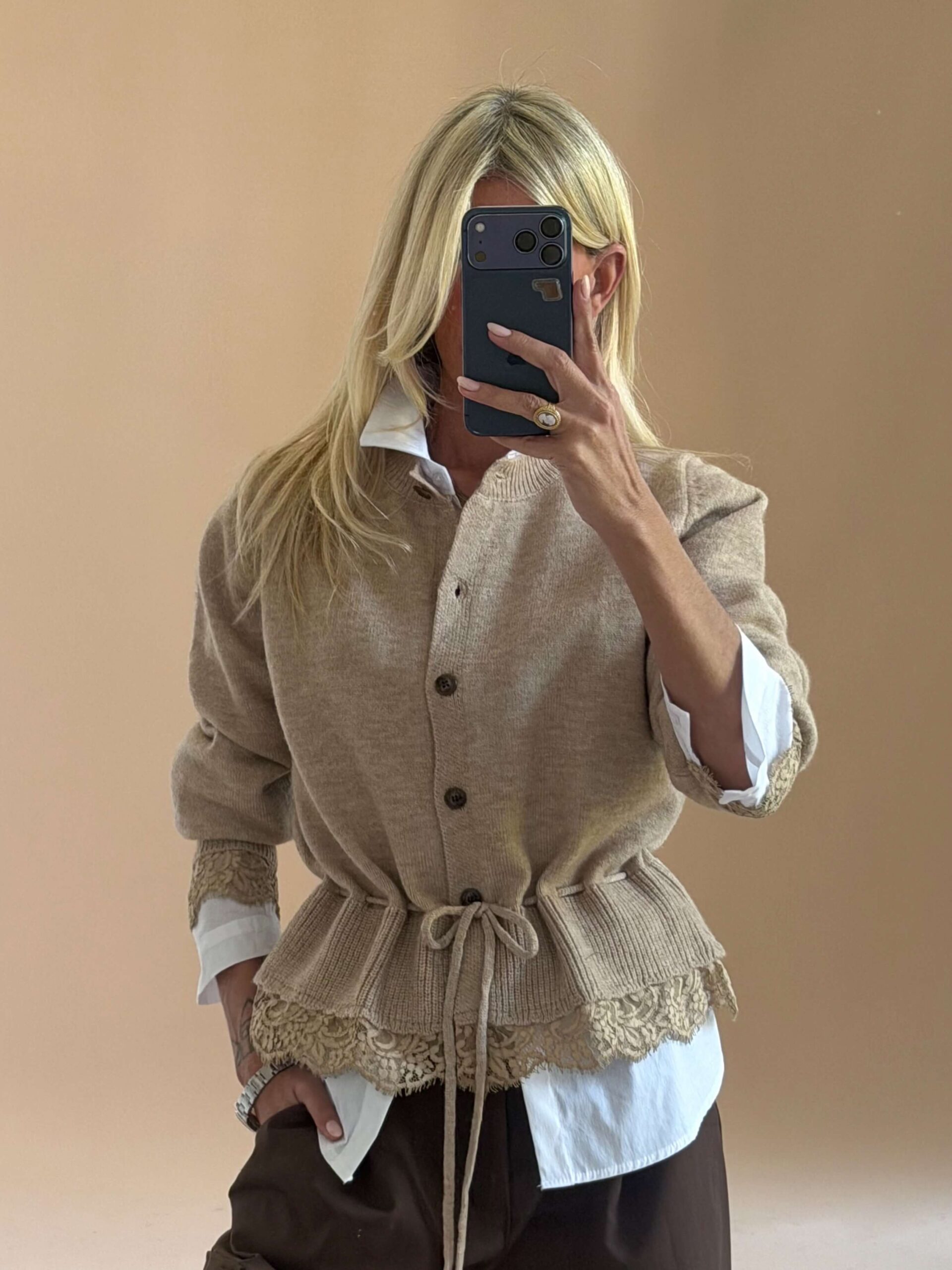 D57B01E3-997C-4820-8E60-A48E403A35D3 Ruched Waist Knit Cardigan Taupe - Image 1