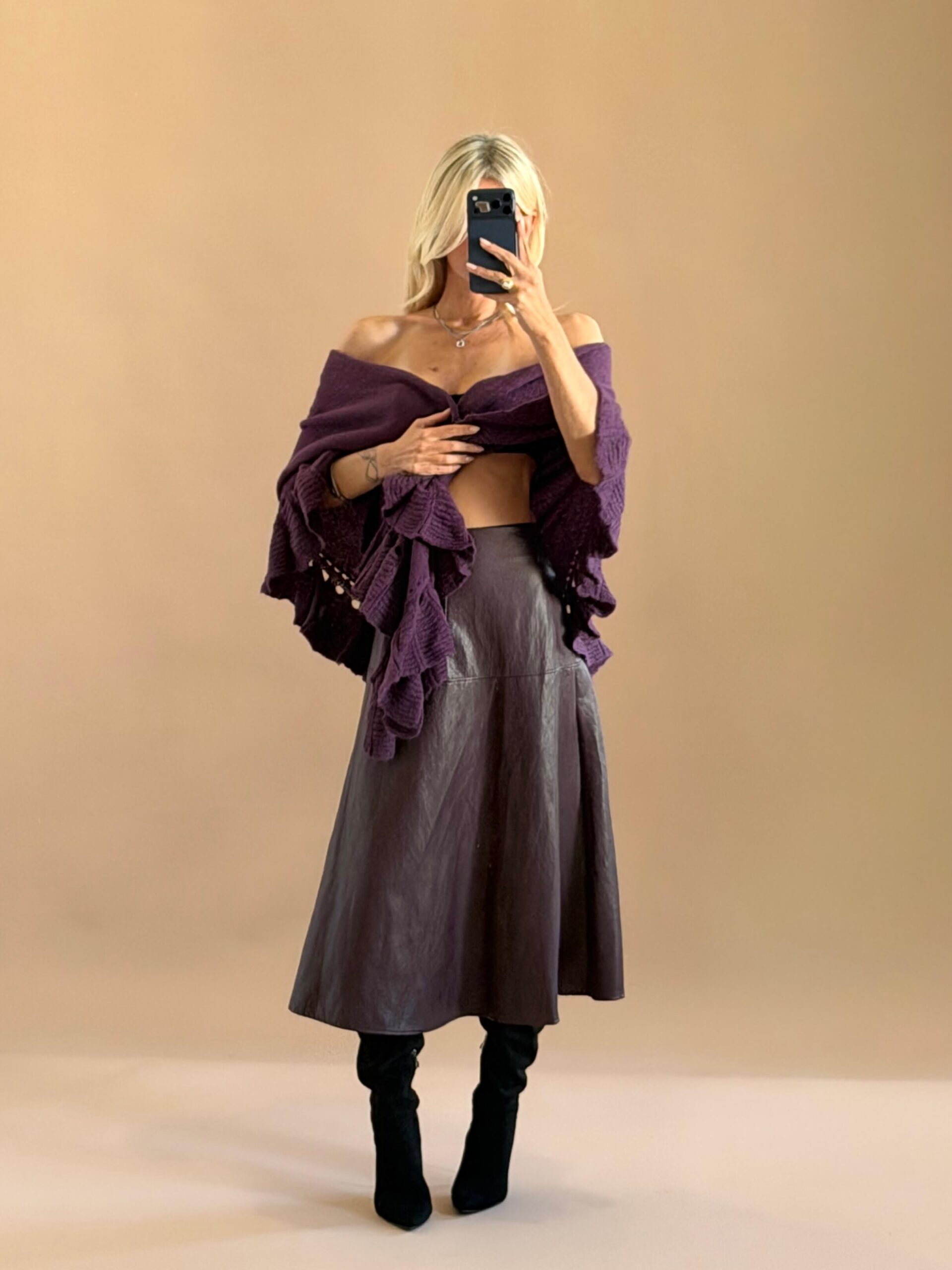 E49DF146-F8F6-4A49-BECB-FD37557AF87B-2 Burgundy Leather Look A-Line Midi Skirt - Image 1