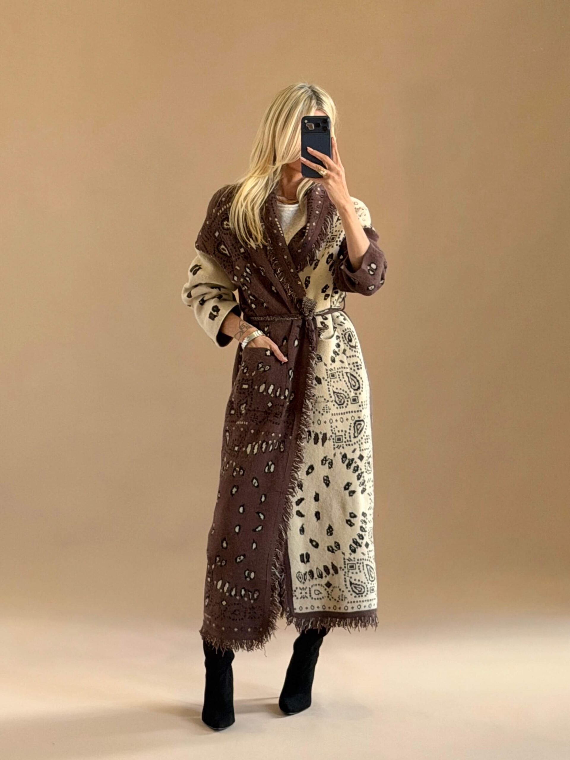 EAA12A59-DBD5-419B-A603-CF607898D9D0 Boho Jacquard Belted Cardigan-Brown Beige - Image 1