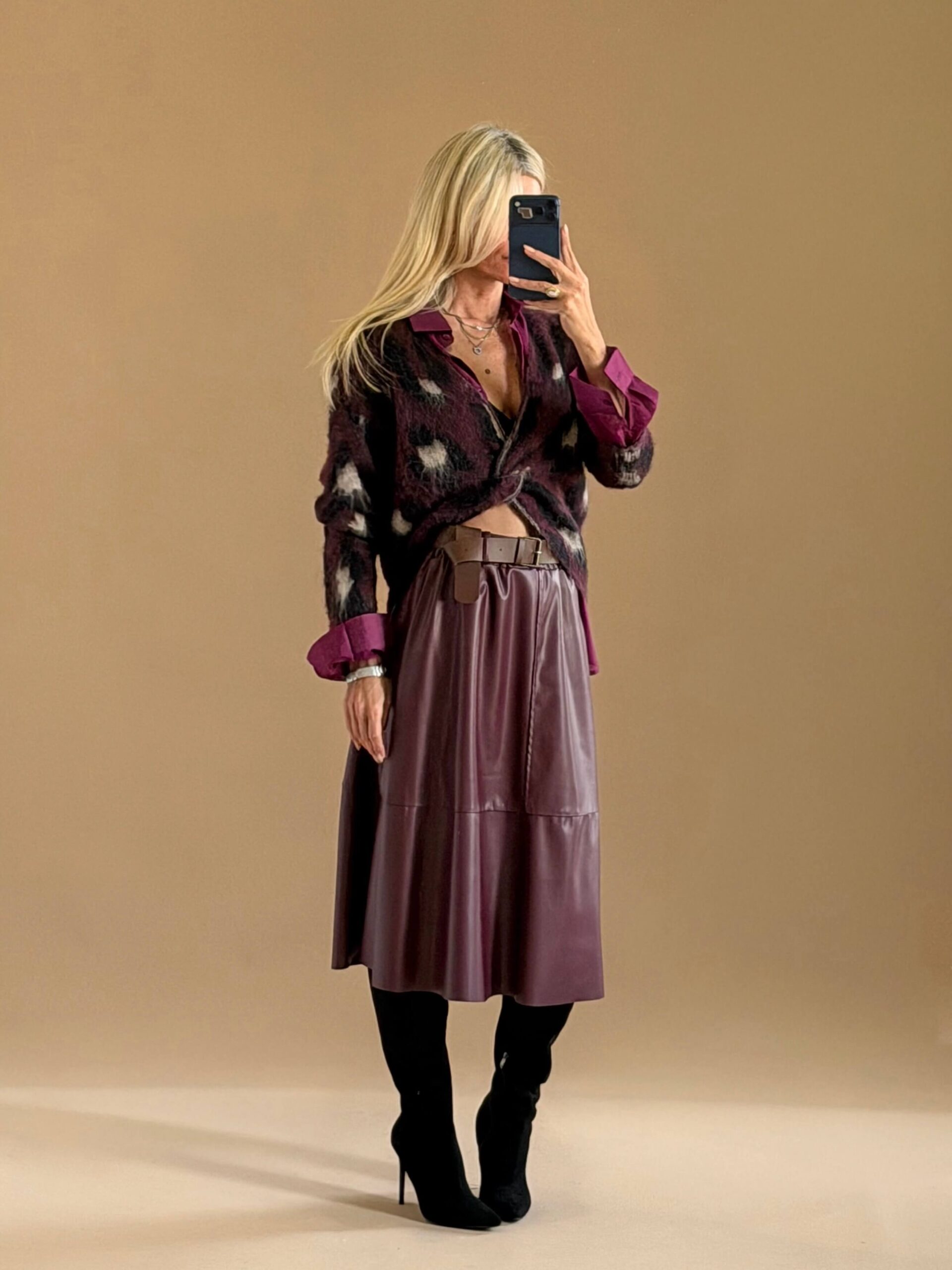F459E9E1-6749-4356-9F2A-F9A03B7B9904 Leatherette Belted Skirt-Bordeaux - Image 1
