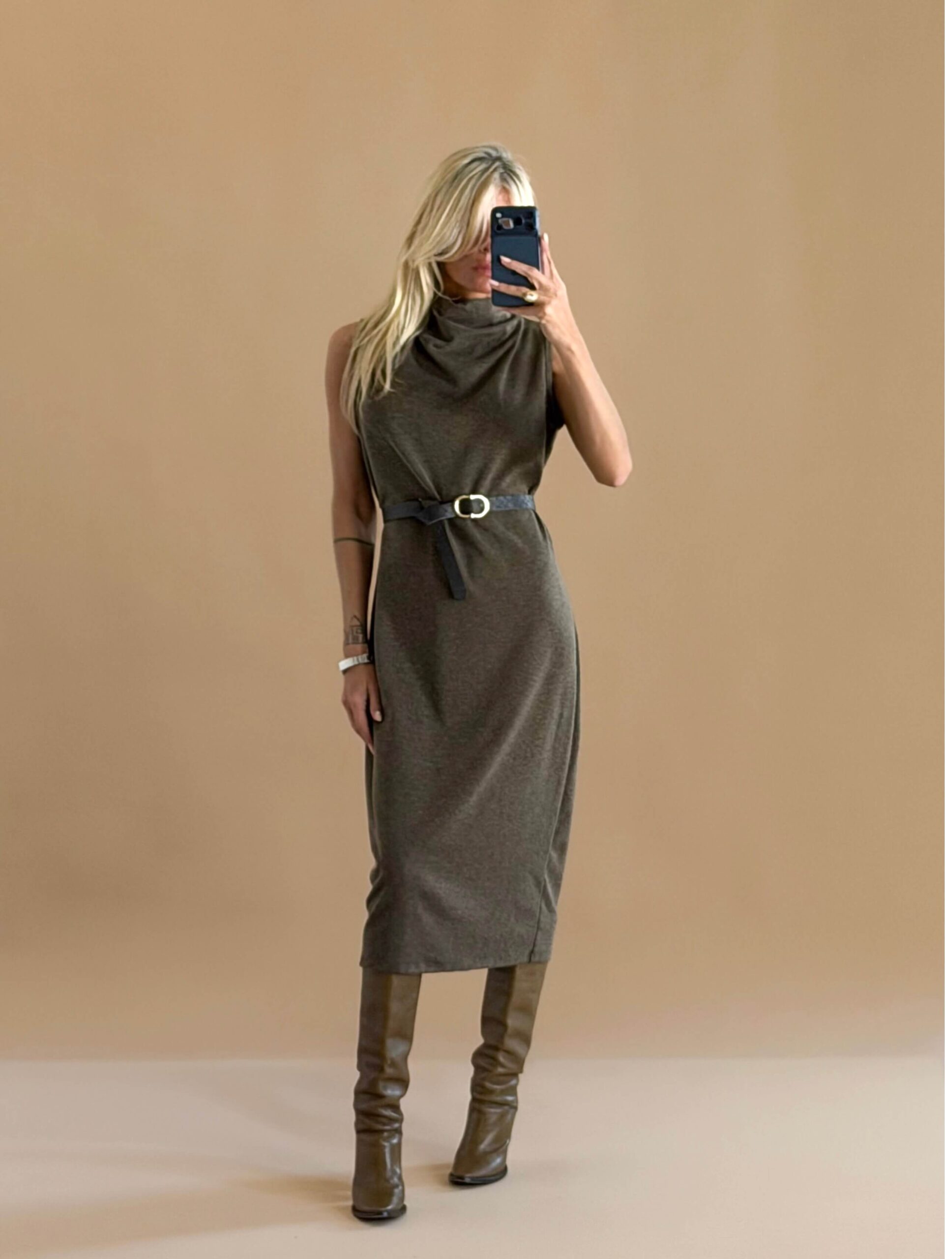 IMG_1269 Taupe Soft Knit Dress with Belt - Image 1