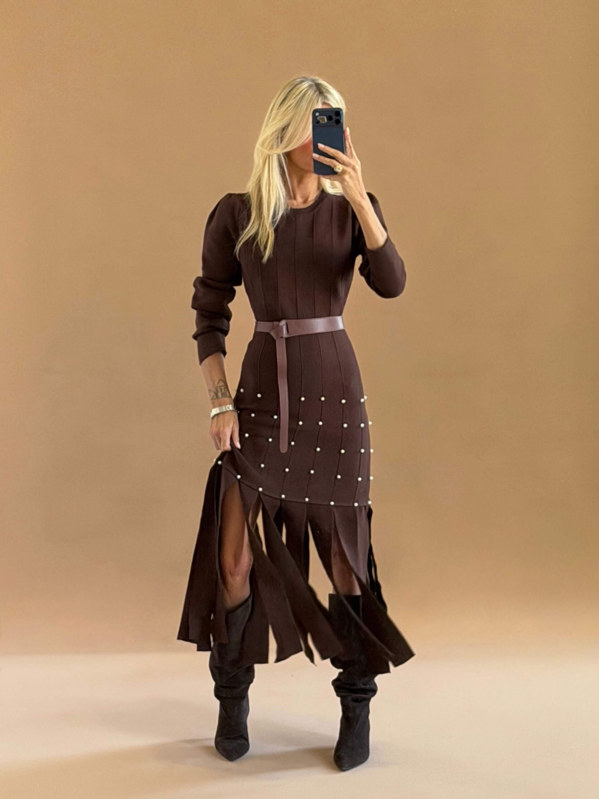 IMG_8563 Chocolate Pearl Fringe Knit Dress - Image 1